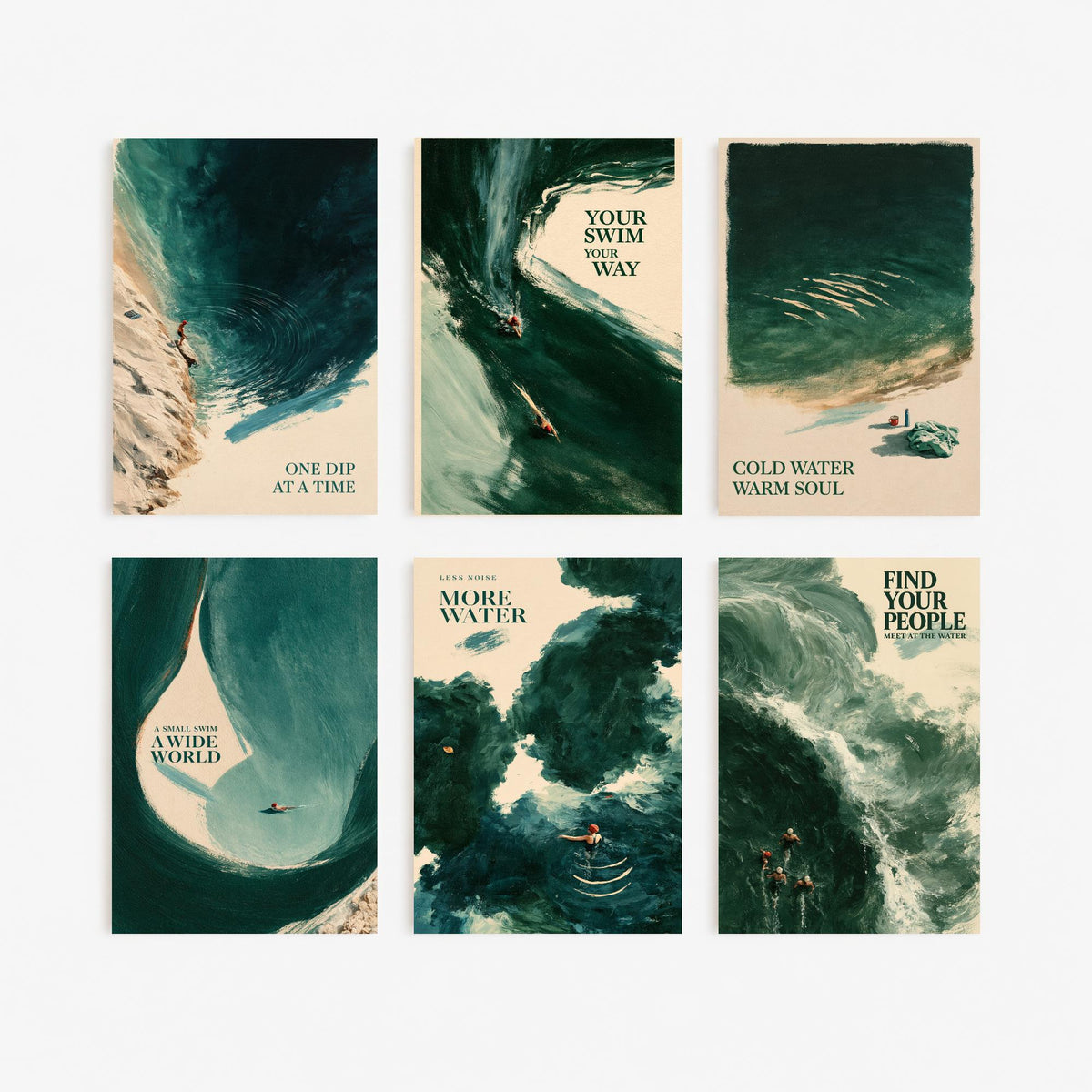Set of Six Wild Swimming Quote Art Prints - 6 Tidewash Sea Painting Posters - One Dip at a Time, Cold Water Warm Soul, Find Your People