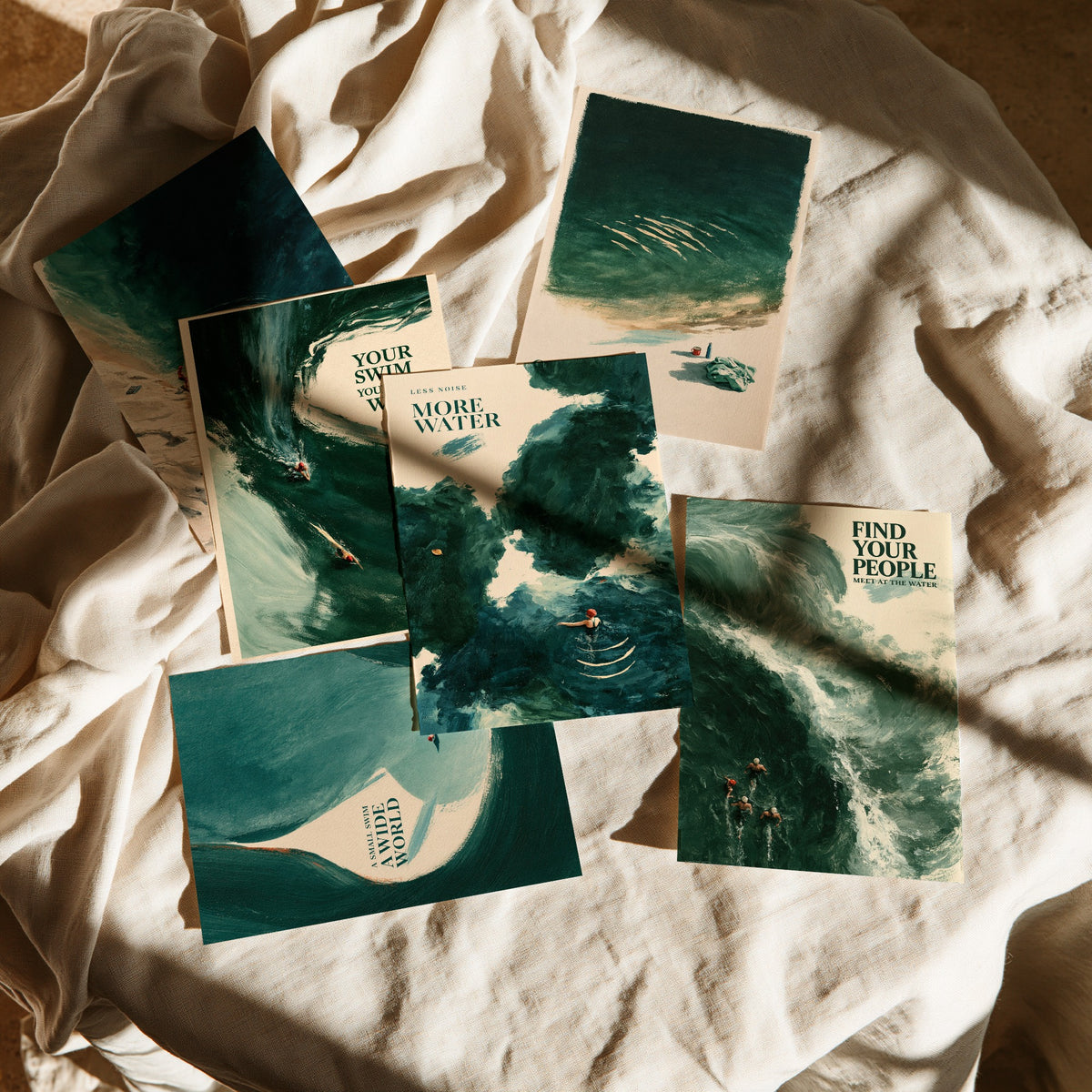 Set of Six Wild Swimming Quote Art Prints - 6 Tidewash Sea Painting Posters - One Dip at a Time, Cold Water Warm Soul, Find Your People