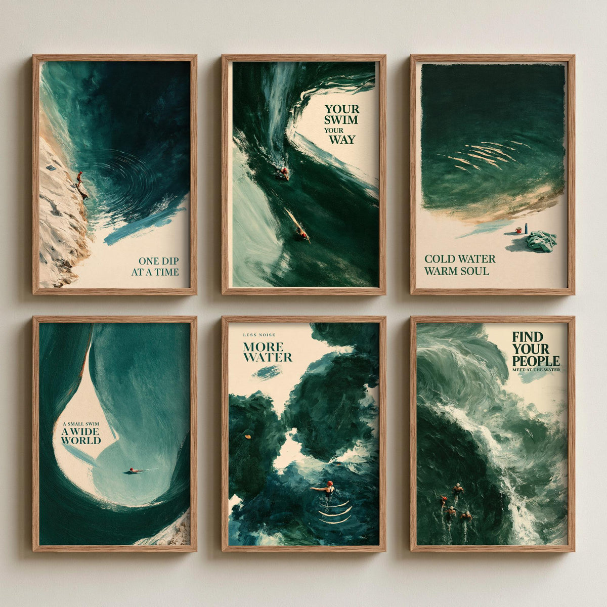 Set of Six Wild Swimming Quote Art Prints - 6 Tidewash Sea Painting Posters - One Dip at a Time, Cold Water Warm Soul, Find Your People
