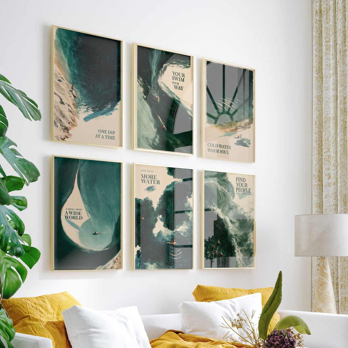 Set of Six Wild Swimming Quote Art Prints - 6 Tidewash Sea Painting Posters - One Dip at a Time, Cold Water Warm Soul, Find Your People