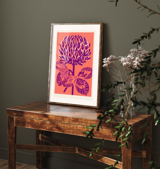 Red Clover Art Print - Bold Linocut Wildflower Illustration - Retro Purple and Coral Meadow Flower Poster 1/3