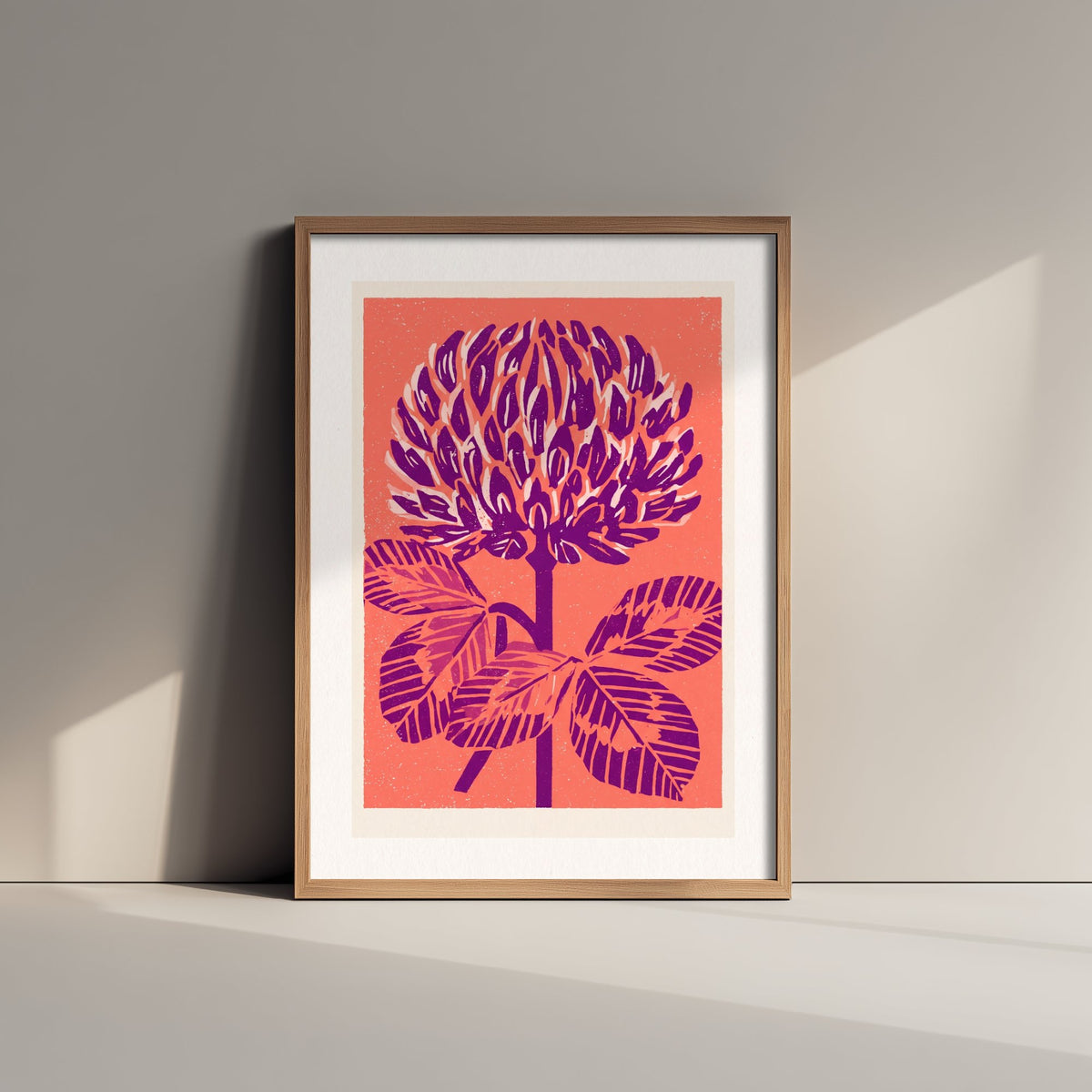 Red Clover Art Print - Bold Linocut Wildflower Illustration - Retro Purple and Coral Meadow Flower Poster 1/3