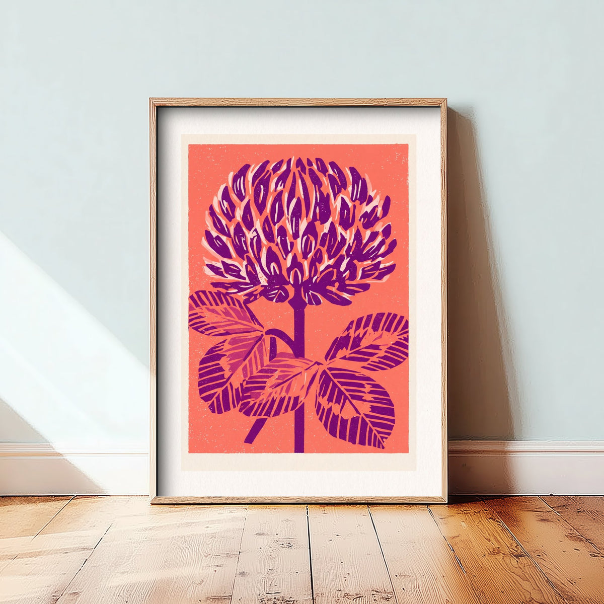 Red Clover Art Print - Bold Linocut Wildflower Illustration - Retro Purple and Coral Meadow Flower Poster 1/3