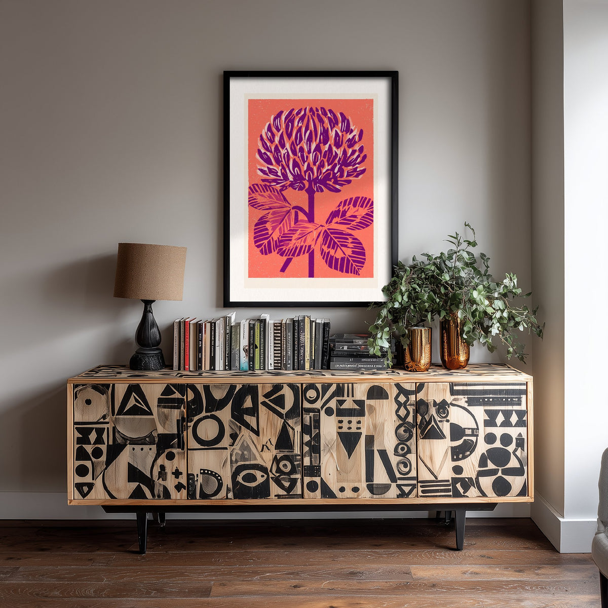 Red Clover Art Print - Bold Linocut Wildflower Illustration - Retro Purple and Coral Meadow Flower Poster 1/3