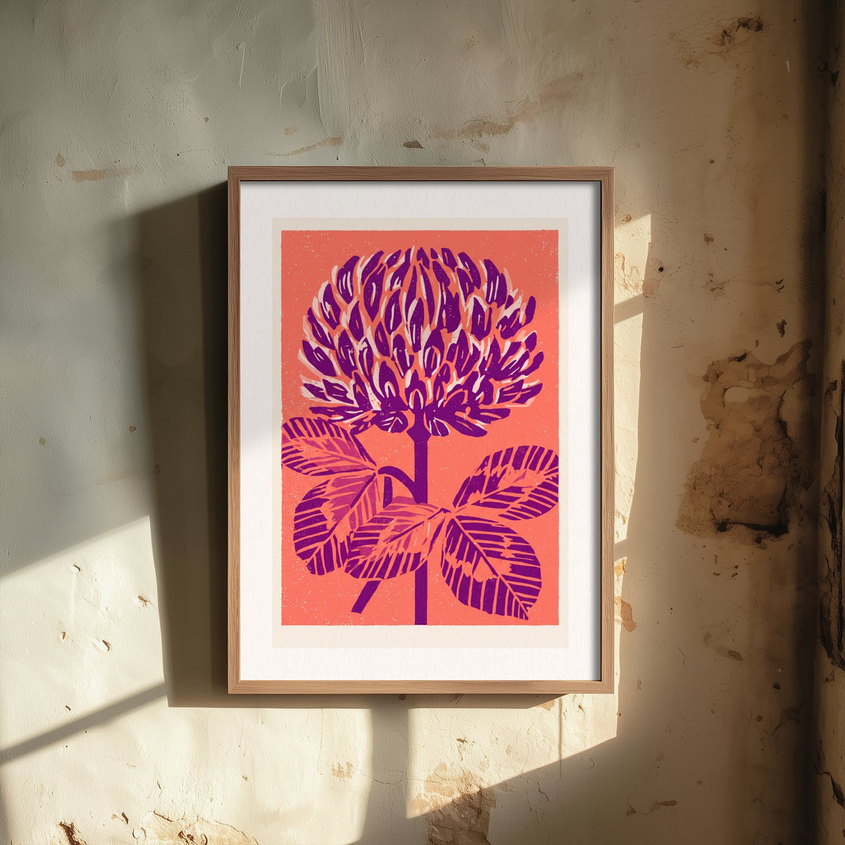 Red Clover Art Print - Bold Linocut Wildflower Illustration - Retro Purple and Coral Meadow Flower Poster 1/3