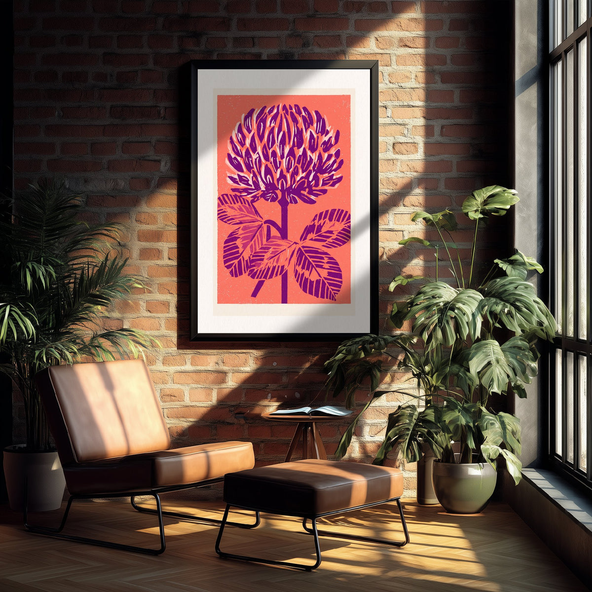 Red Clover Art Print - Bold Linocut Wildflower Illustration - Retro Purple and Coral Meadow Flower Poster 1/3