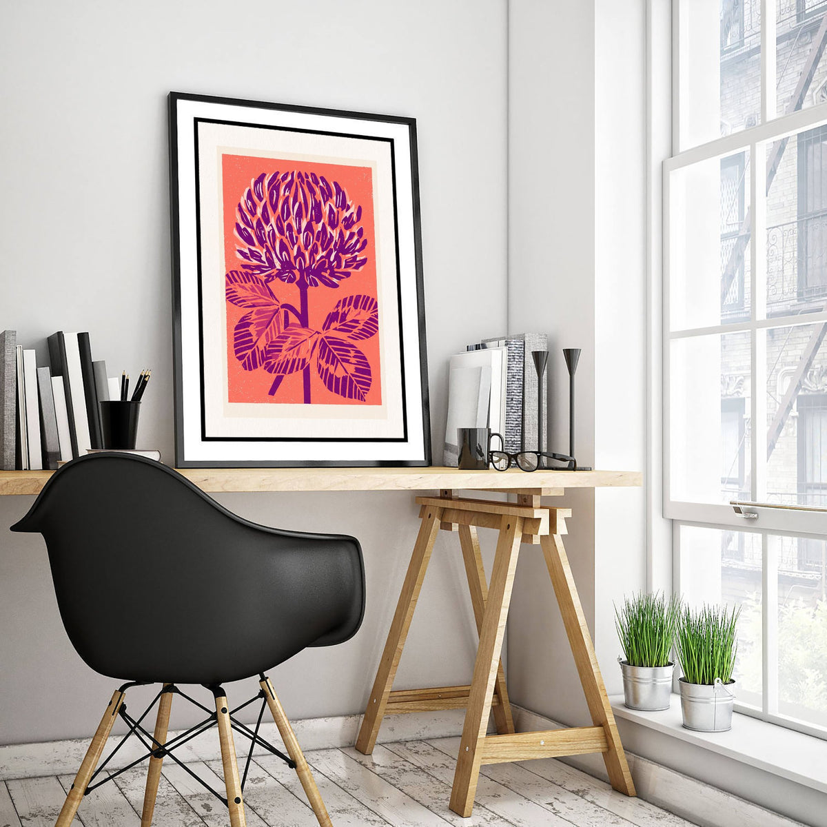 Red Clover Art Print - Bold Linocut Wildflower Illustration - Retro Purple and Coral Meadow Flower Poster 1/3