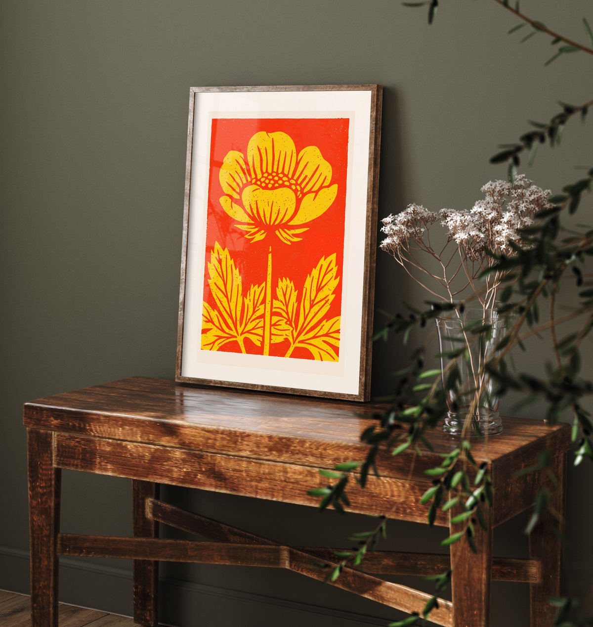 Buttercup Art Print - Bold Linocut Wildflower Illustration - Retro Red and Yellow Meadow Flower Poster 2/3