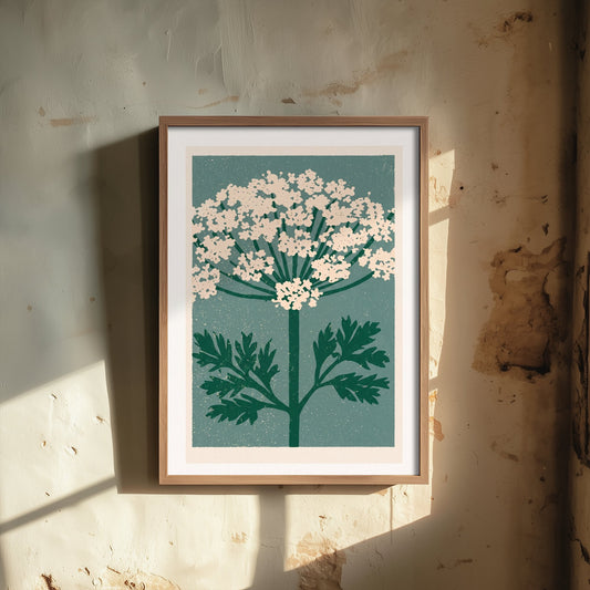 Cow Parsley Art Print - Bold Linocut Wildflower Illustration - Retro Sage Green Meadow Flower Poster 3/3