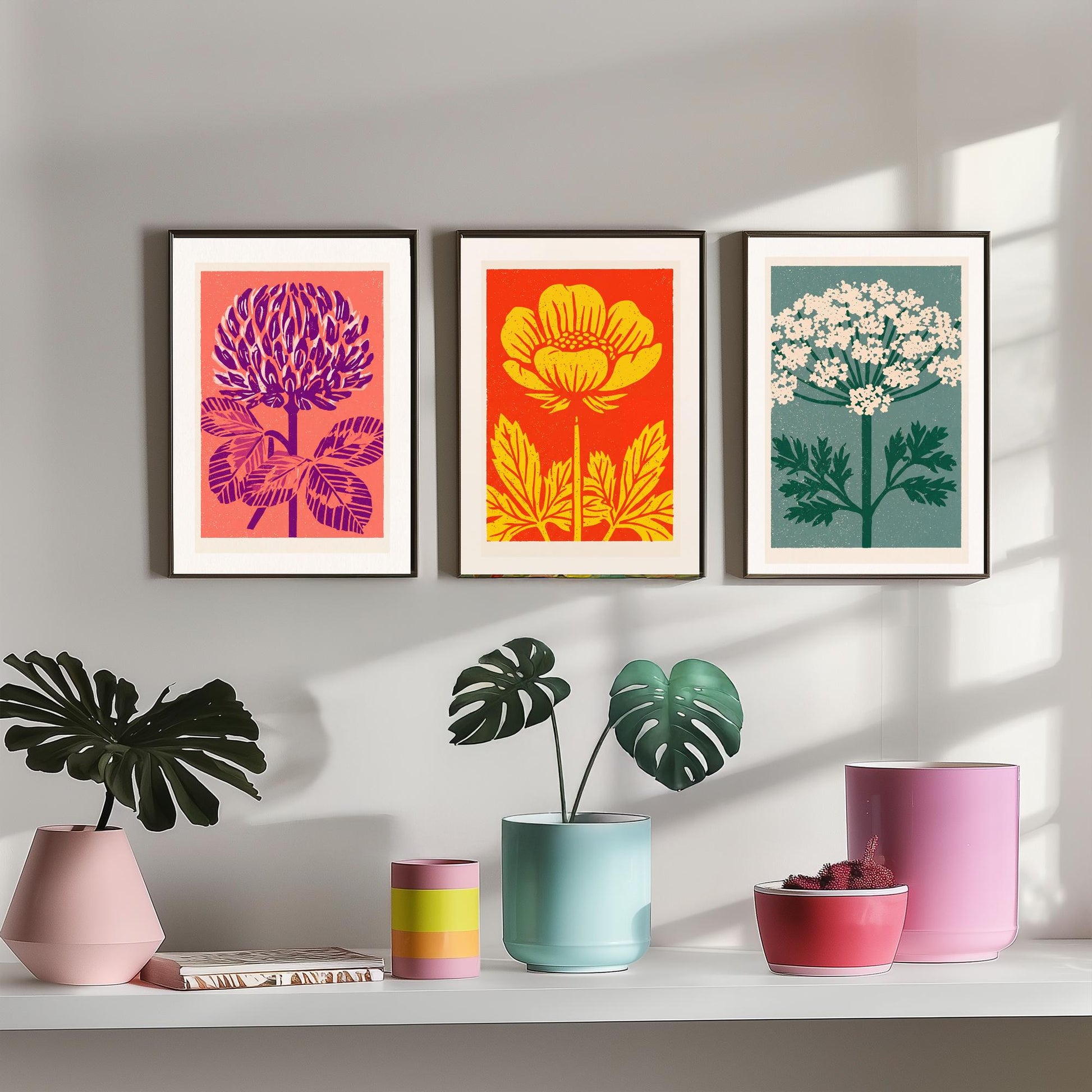 Wildflowers Linocut Set of Three Art Prints - Red Clover Buttercup Cow Parsley - 3 Bold Meadow Illustrations - Retro Botanical Poster
