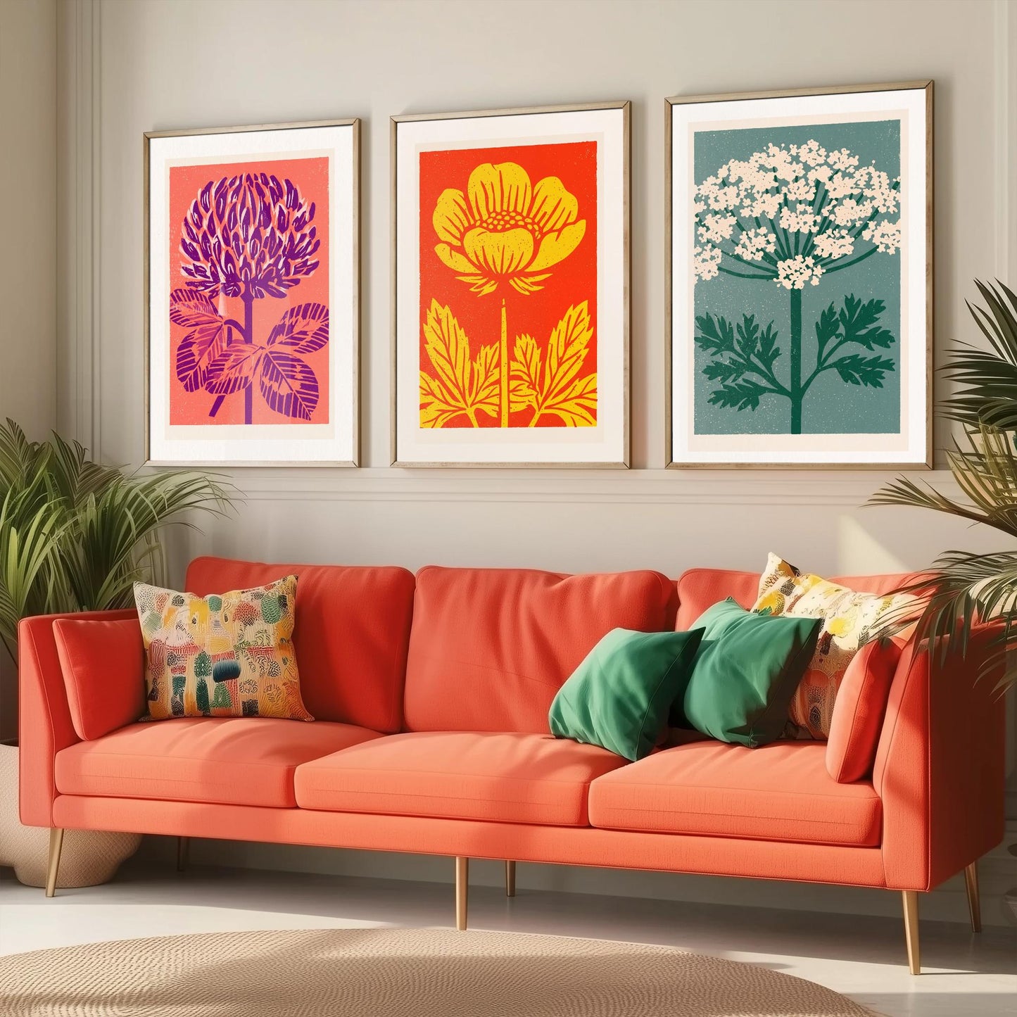 Wildflowers Linocut Set of Three Art Prints - Red Clover Buttercup Cow Parsley - 3 Bold Meadow Illustrations - Retro Botanical Poster