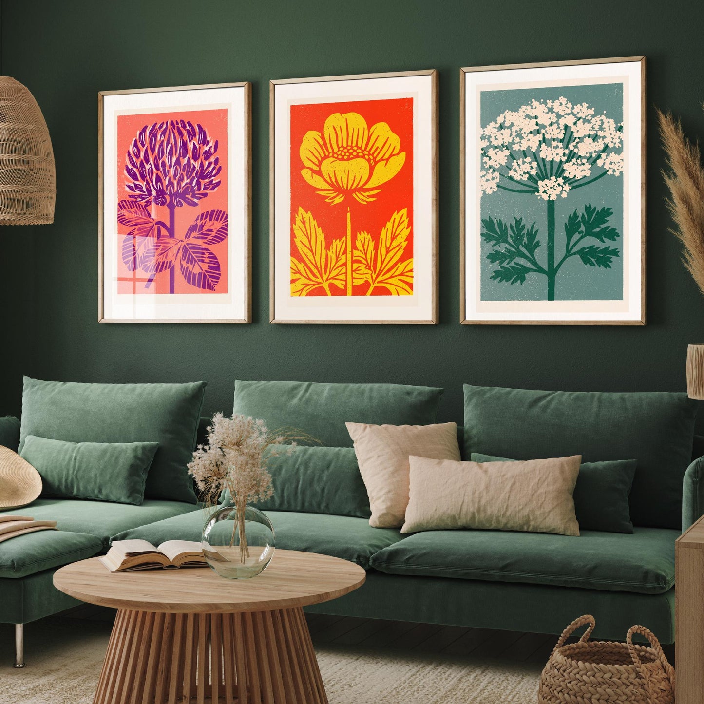 Wildflowers Linocut Set of Three Art Prints - Red Clover Buttercup Cow Parsley - 3 Bold Meadow Illustrations - Retro Botanical Poster