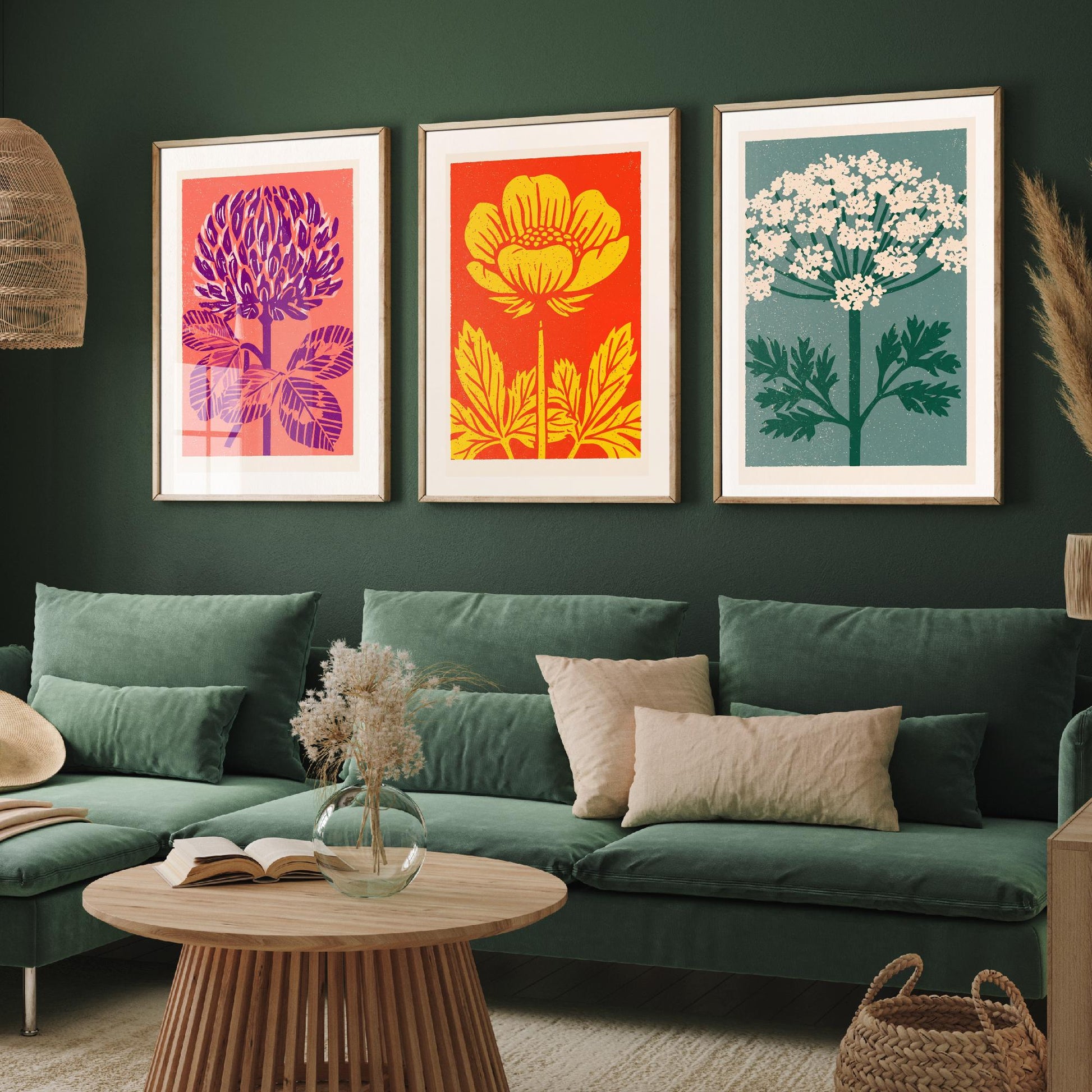 Wildflowers Linocut Set of Three Art Prints - Red Clover Buttercup Cow Parsley - 3 Bold Meadow Illustrations - Retro Botanical Poster