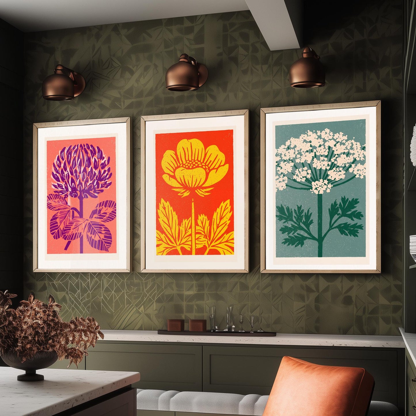 Wildflowers Linocut Set of Three Art Prints - Red Clover Buttercup Cow Parsley - 3 Bold Meadow Illustrations - Retro Botanical Poster
