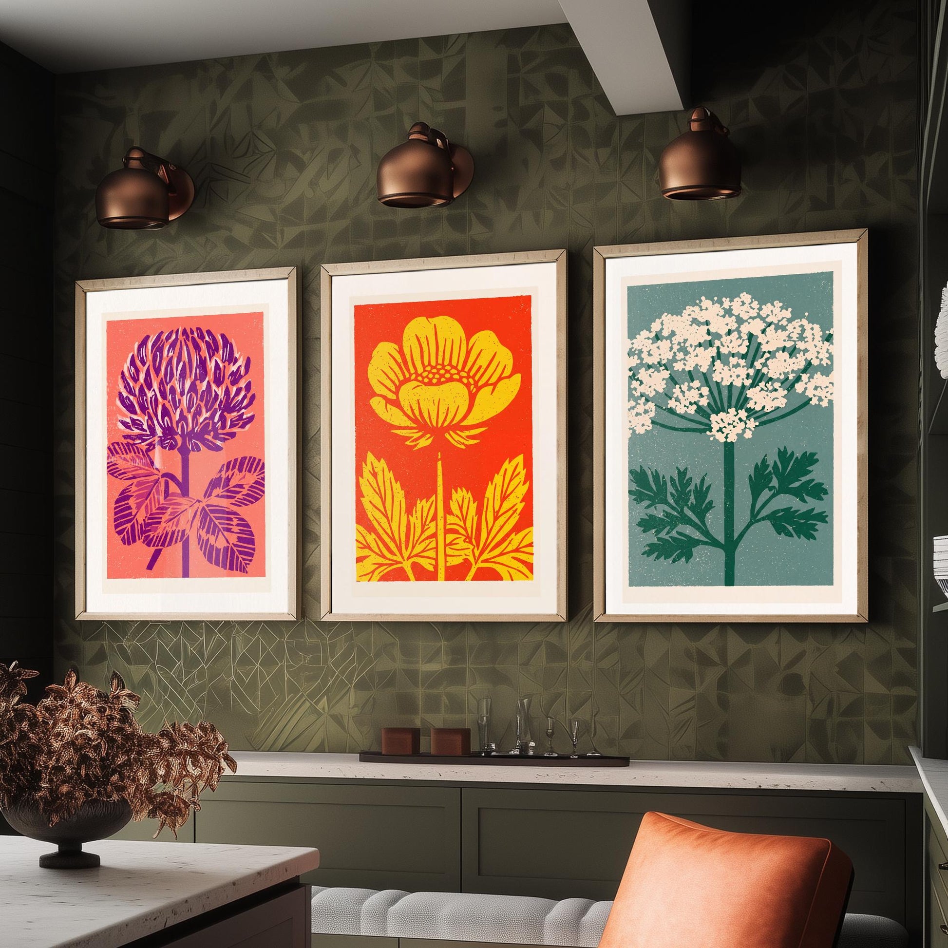 Wildflowers Linocut Set of Three Art Prints - Red Clover Buttercup Cow Parsley - 3 Bold Meadow Illustrations - Retro Botanical Poster