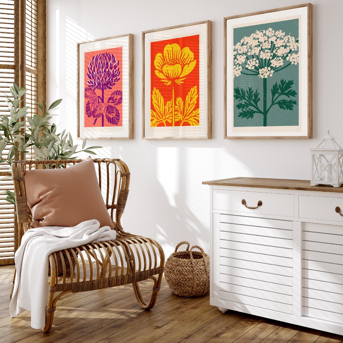 Wildflowers Linocut Set of Three Art Prints - Red Clover Buttercup Cow Parsley - 3 Bold Meadow Illustrations - Retro Botanical Poster