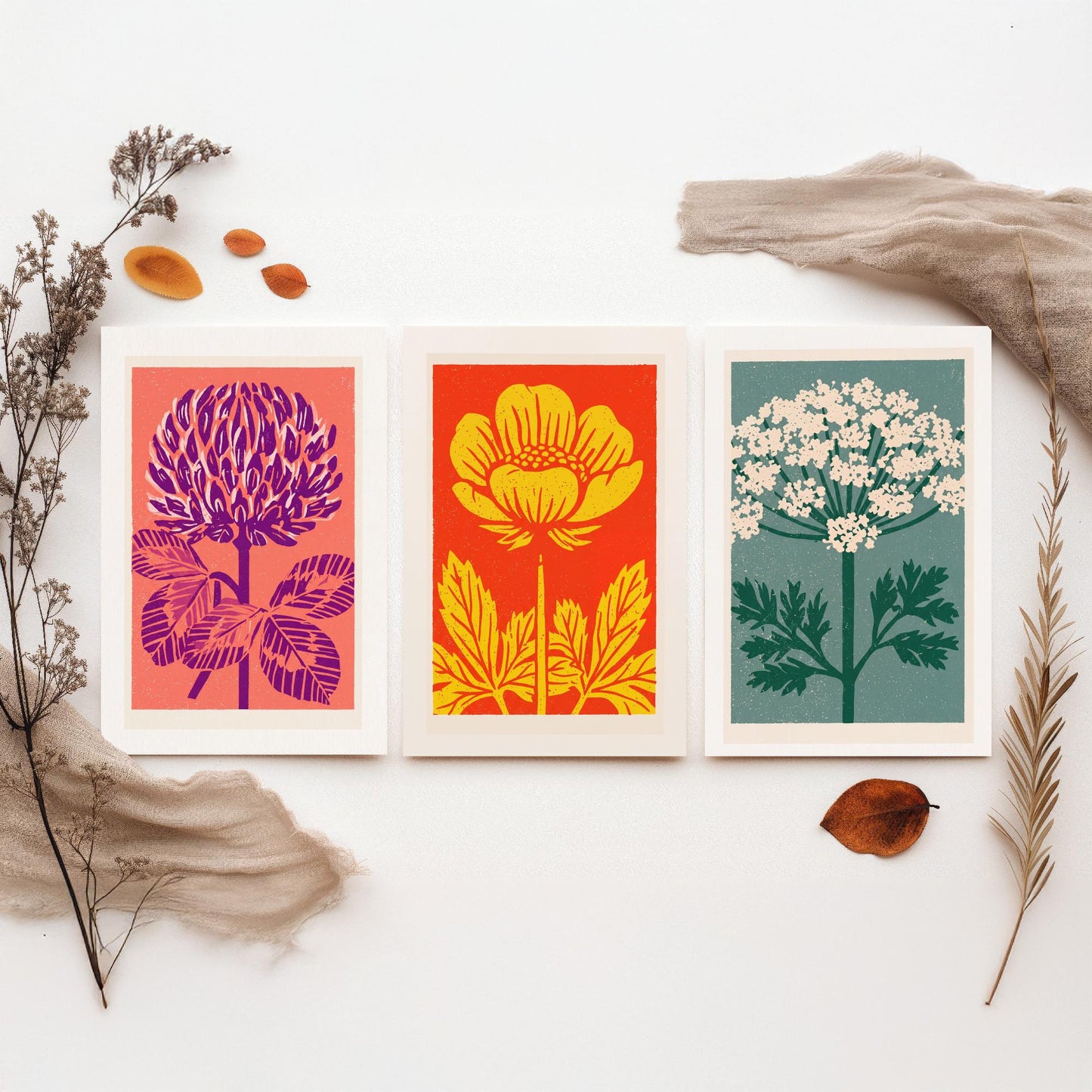 Wildflowers Linocut Set of Three Art Prints - Red Clover Buttercup Cow Parsley - 3 Bold Meadow Illustrations - Retro Botanical Poster