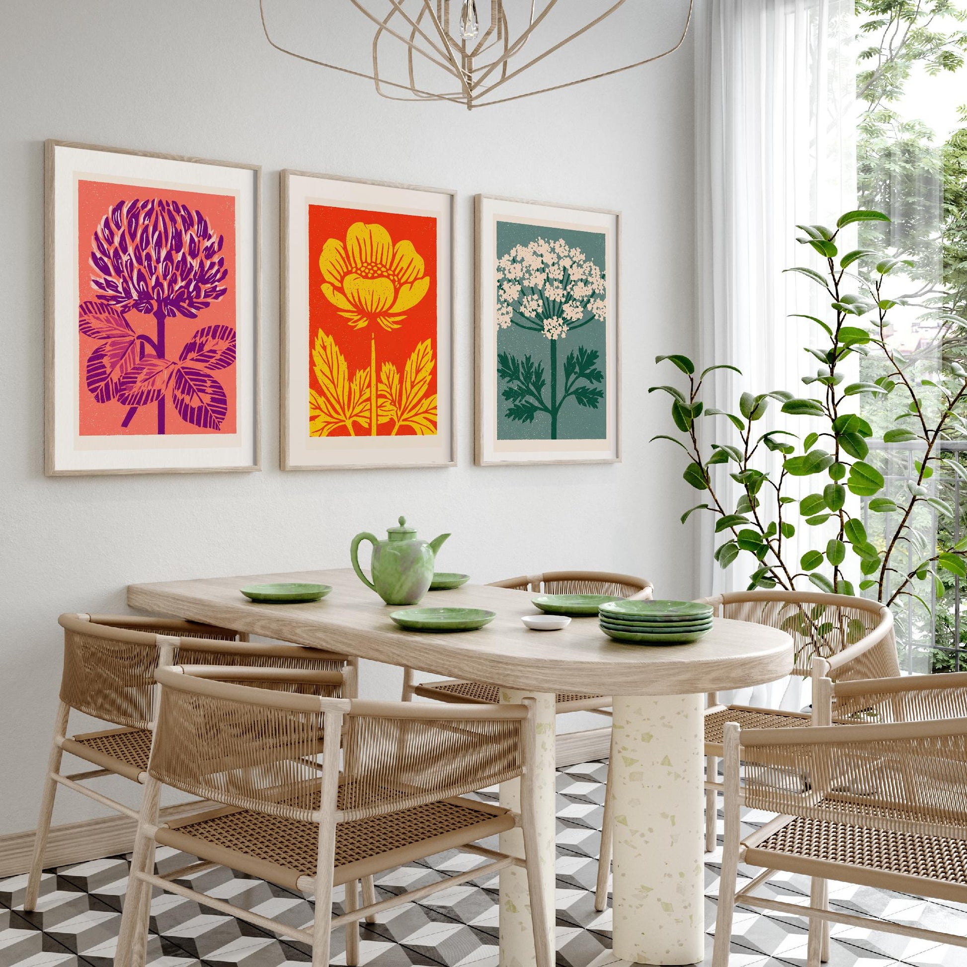Wildflowers Linocut Set of Three Art Prints - Red Clover Buttercup Cow Parsley - 3 Bold Meadow Illustrations - Retro Botanical Poster