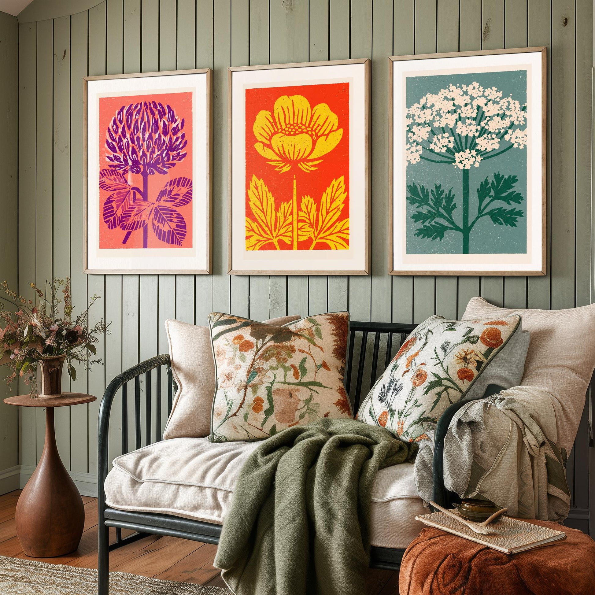 Wildflowers Linocut Set of Three Art Prints - Red Clover Buttercup Cow Parsley - 3 Bold Meadow Illustrations - Retro Botanical Poster