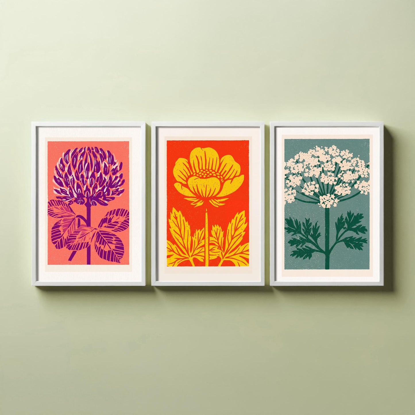Wildflowers Linocut Set of Three Art Prints - Red Clover Buttercup Cow Parsley - 3 Bold Meadow Illustrations - Retro Botanical Poster