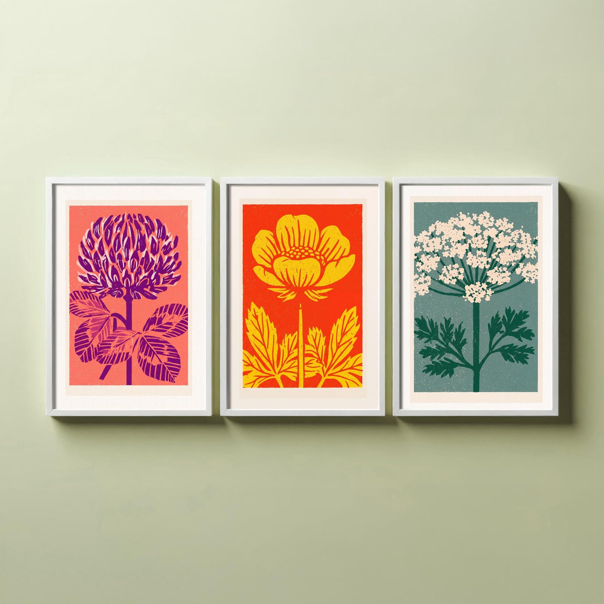 Wildflowers Linocut Set of Three Art Prints - Red Clover Buttercup Cow Parsley - 3 Bold Meadow Illustrations - Retro Botanical Poster