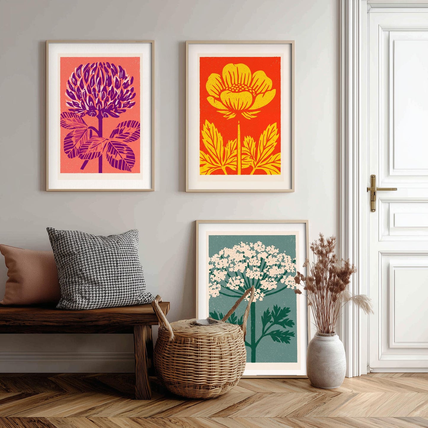 Wildflowers Linocut Set of Three Art Prints - Red Clover Buttercup Cow Parsley - 3 Bold Meadow Illustrations - Retro Botanical Poster