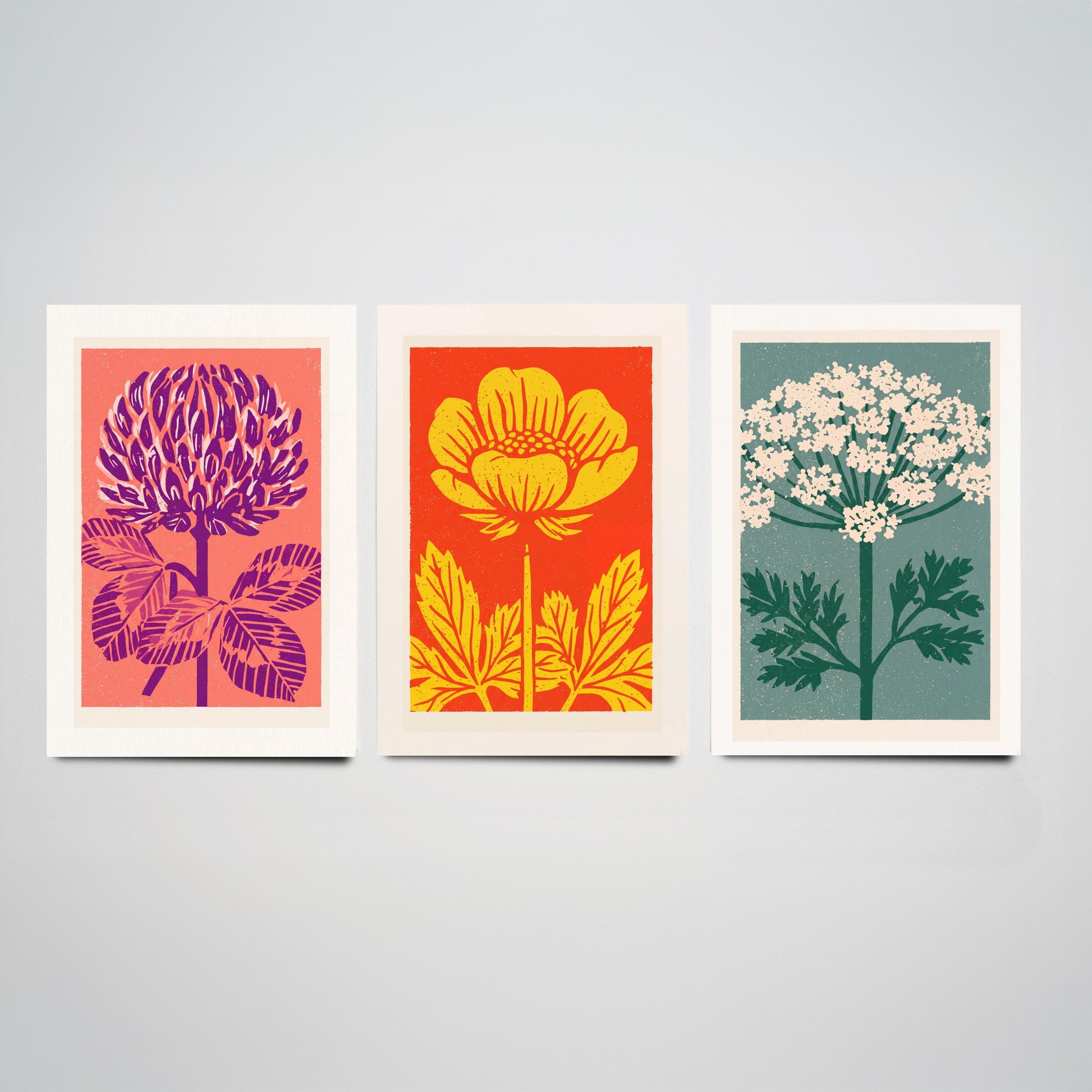 Wildflowers Linocut Set of Three Art Prints - Red Clover Buttercup Cow Parsley - 3 Bold Meadow Illustrations - Retro Botanical Poster
