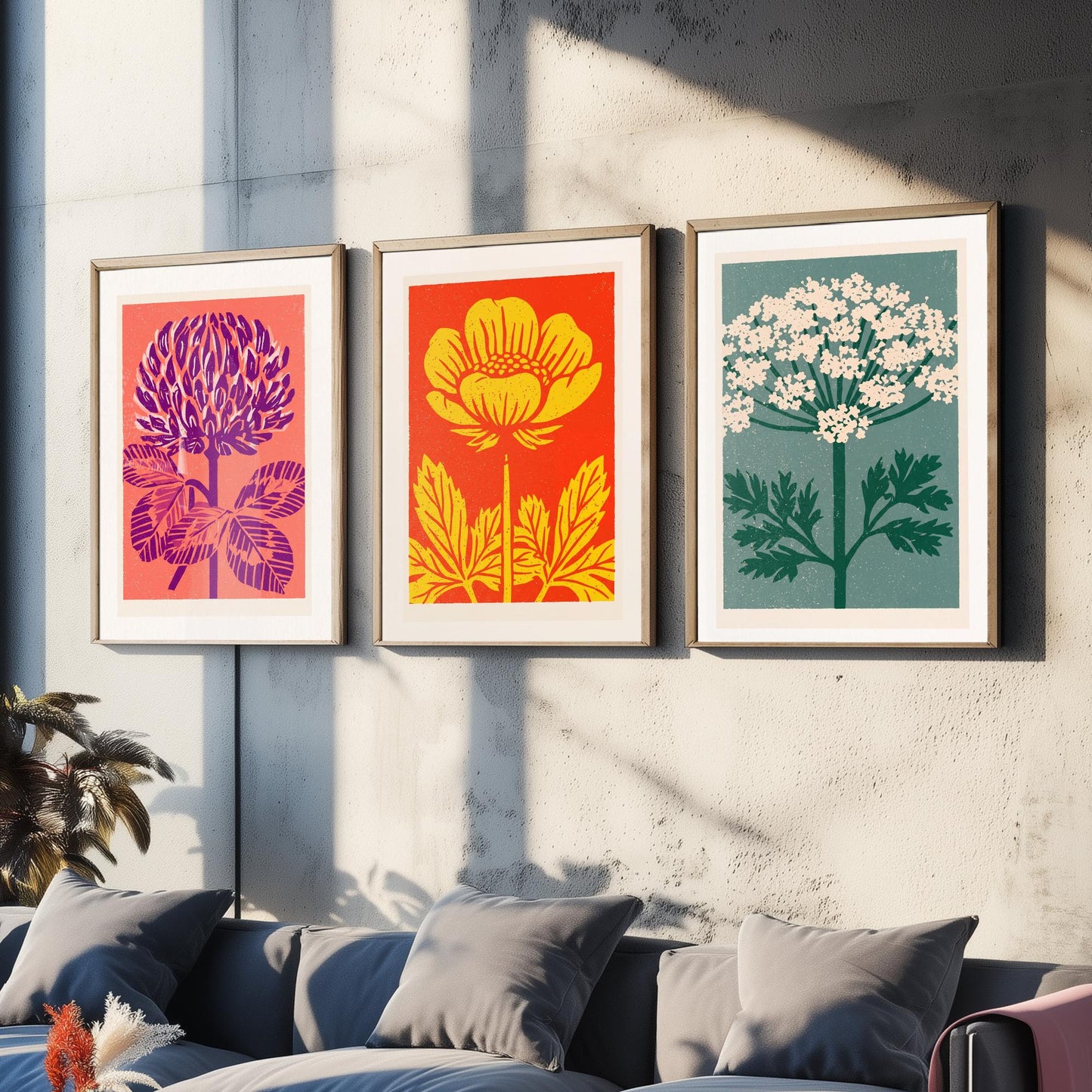Wildflowers Linocut Set of Three Art Prints - Red Clover Buttercup Cow Parsley - 3 Bold Meadow Illustrations - Retro Botanical Poster