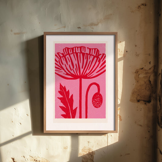 Red Poppy Art Print - Bold Linocut Wildflower Illustration - Pink Retro Meadow Flower Poster 1/3