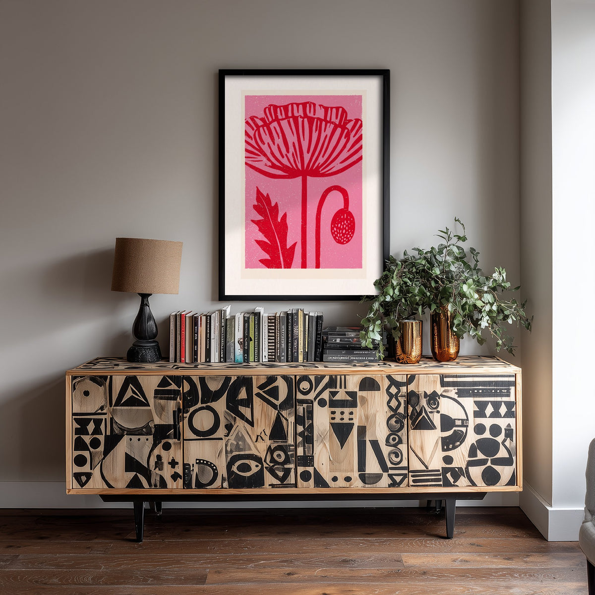 Red Poppy Art Print - Bold Linocut Wildflower Illustration - Pink Retro Meadow Flower Poster 1/3