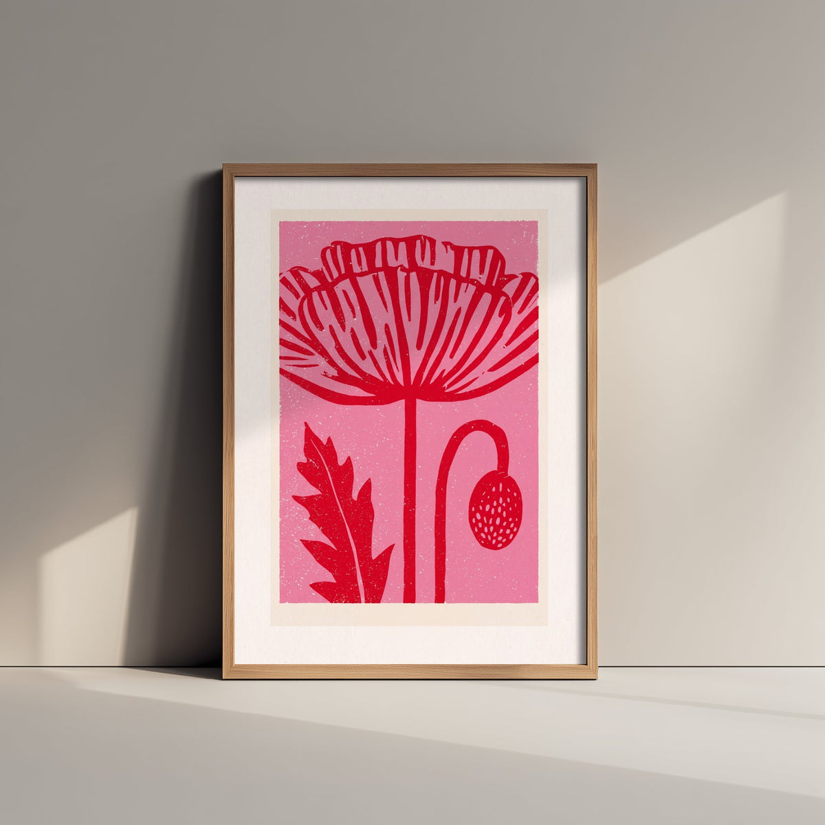 Red Poppy Art Print - Bold Linocut Wildflower Illustration - Pink Retro Meadow Flower Poster 1/3