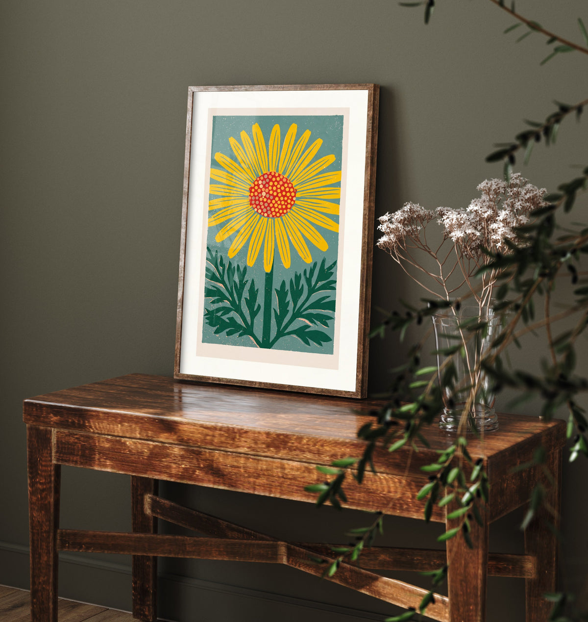 Yellow Daisy Art Print - Bold Linocut Flower Illustration - Retro Meadow Wildflower Poster 3/3