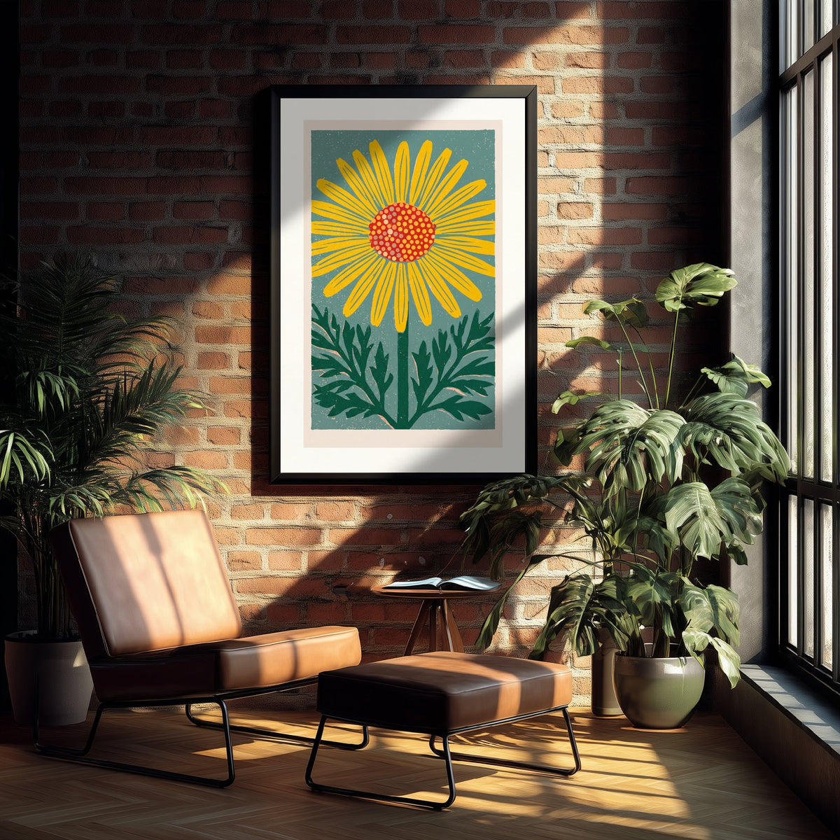 Yellow Daisy Art Print - Bold Linocut Flower Illustration - Retro Meadow Wildflower Poster 3/3