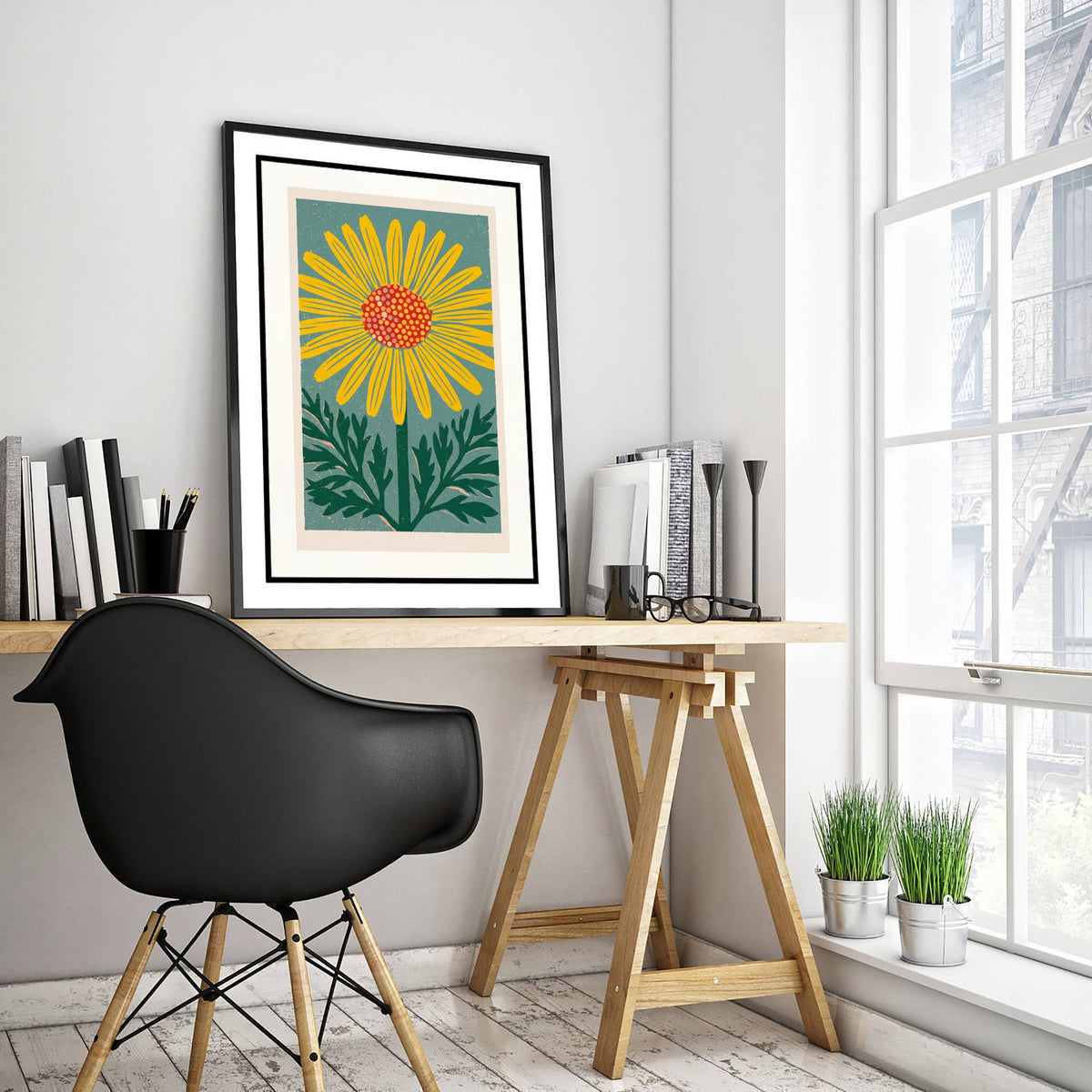 Yellow Daisy Art Print - Bold Linocut Flower Illustration - Retro Meadow Wildflower Poster 3/3
