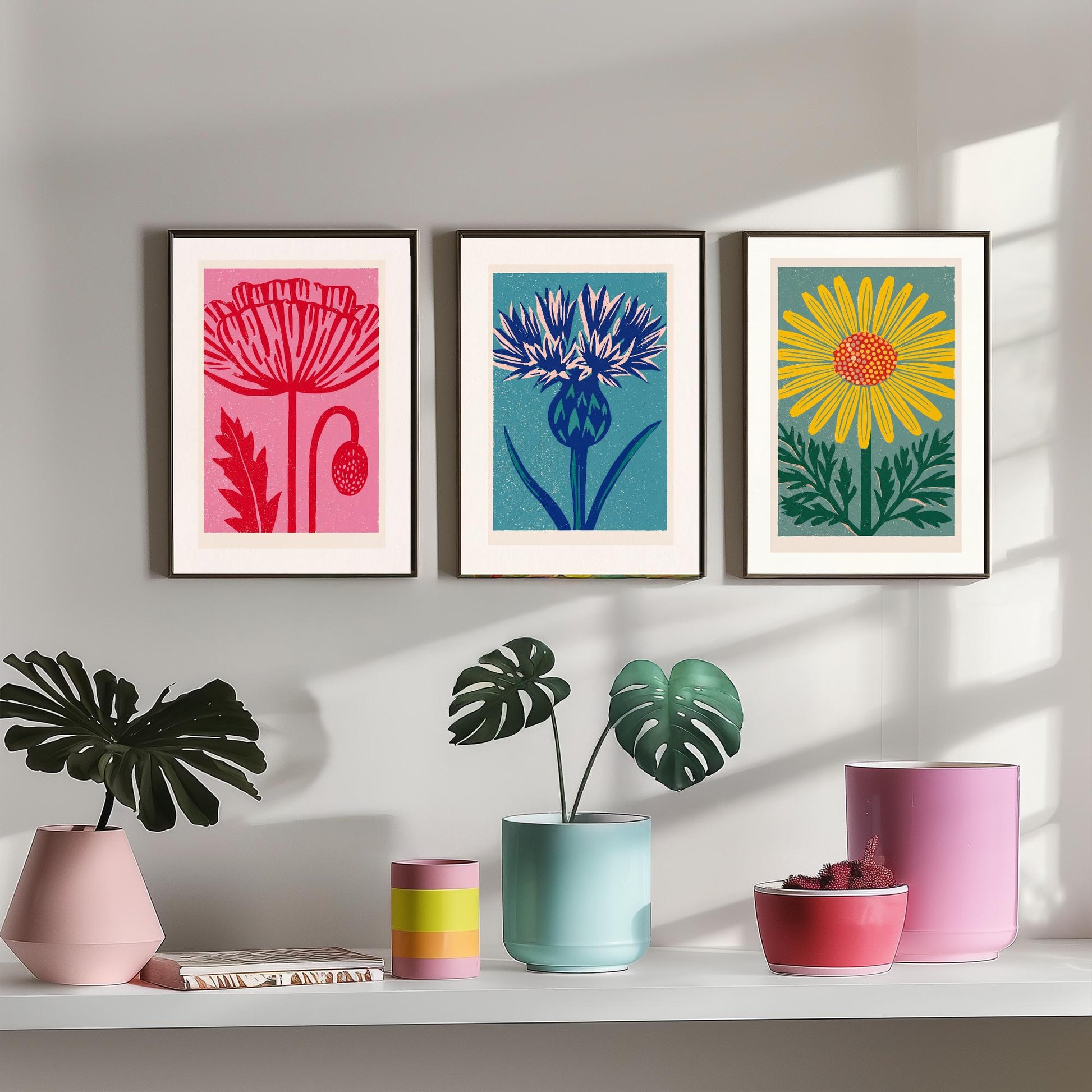 Poppy Thistle Daisy Set of Three Art Prints - Bold Linocut Wildflower Trio - 3 Colourful Meadow Illustrations - Flower Market Poster