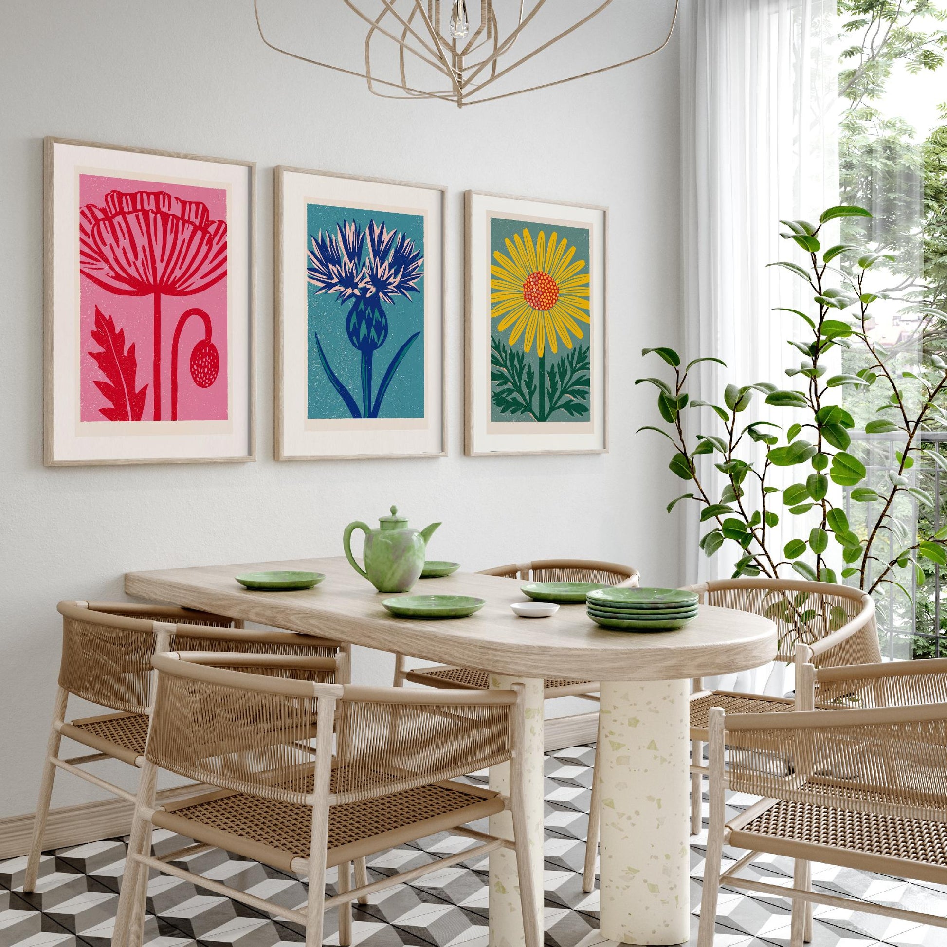 Poppy Thistle Daisy Set of Three Art Prints - Bold Linocut Wildflower Trio - 3 Colourful Meadow Illustrations - Flower Market Poster