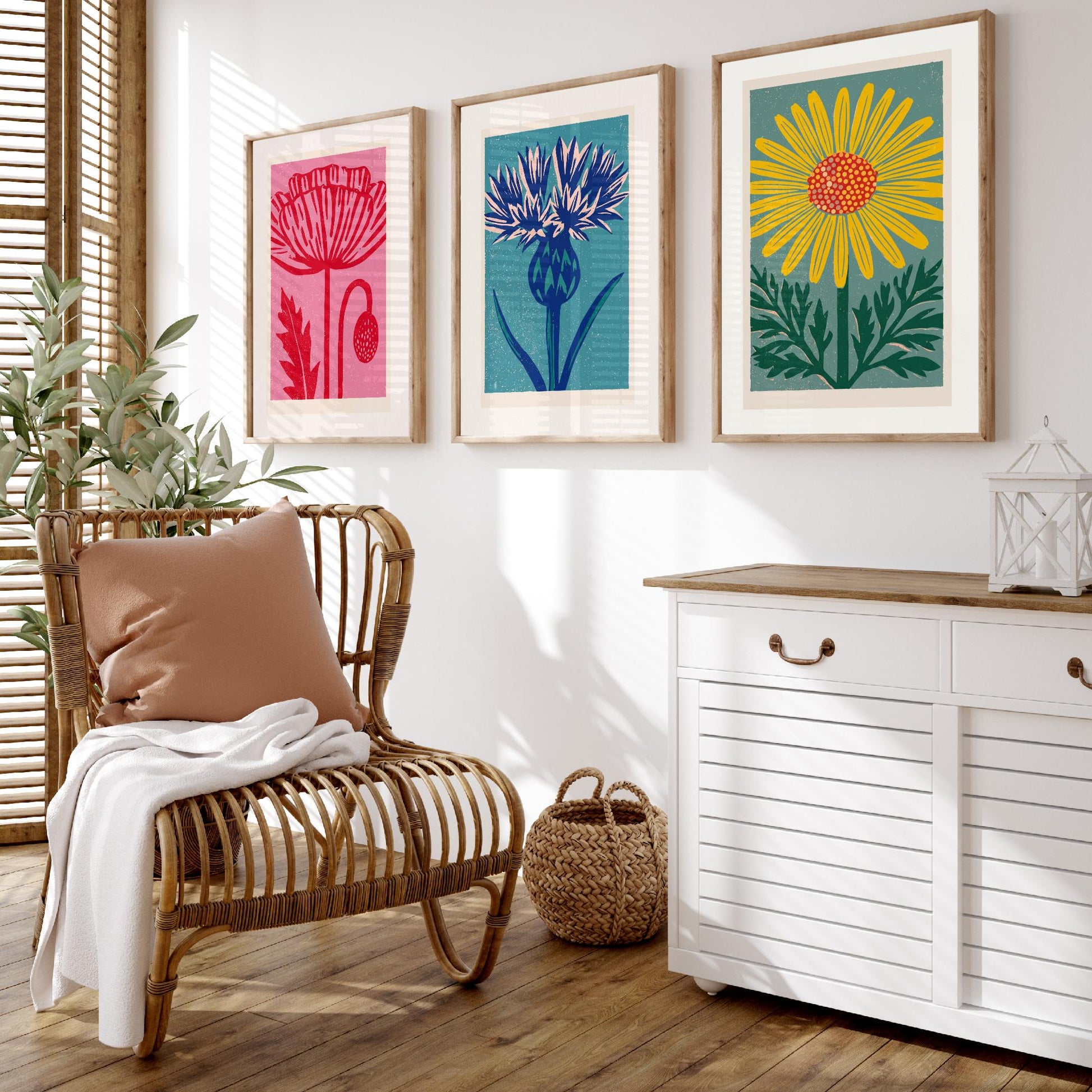 Poppy Thistle Daisy Set of Three Art Prints - Bold Linocut Wildflower Trio - 3 Colourful Meadow Illustrations - Flower Market Poster