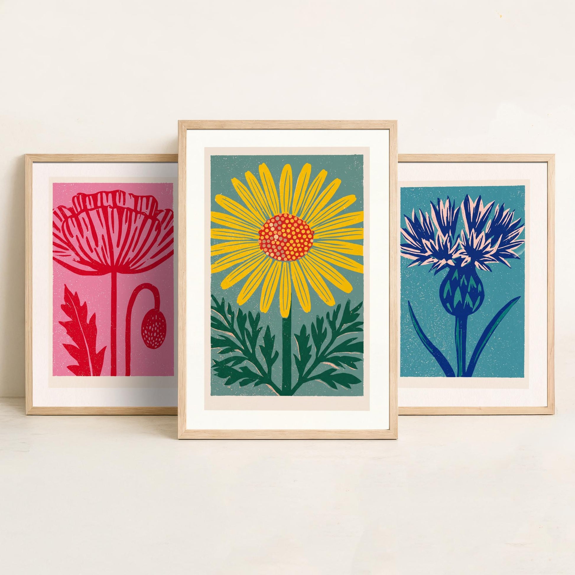 Poppy Thistle Daisy Set of Three Art Prints - Bold Linocut Wildflower Trio - 3 Colourful Meadow Illustrations - Flower Market Poster