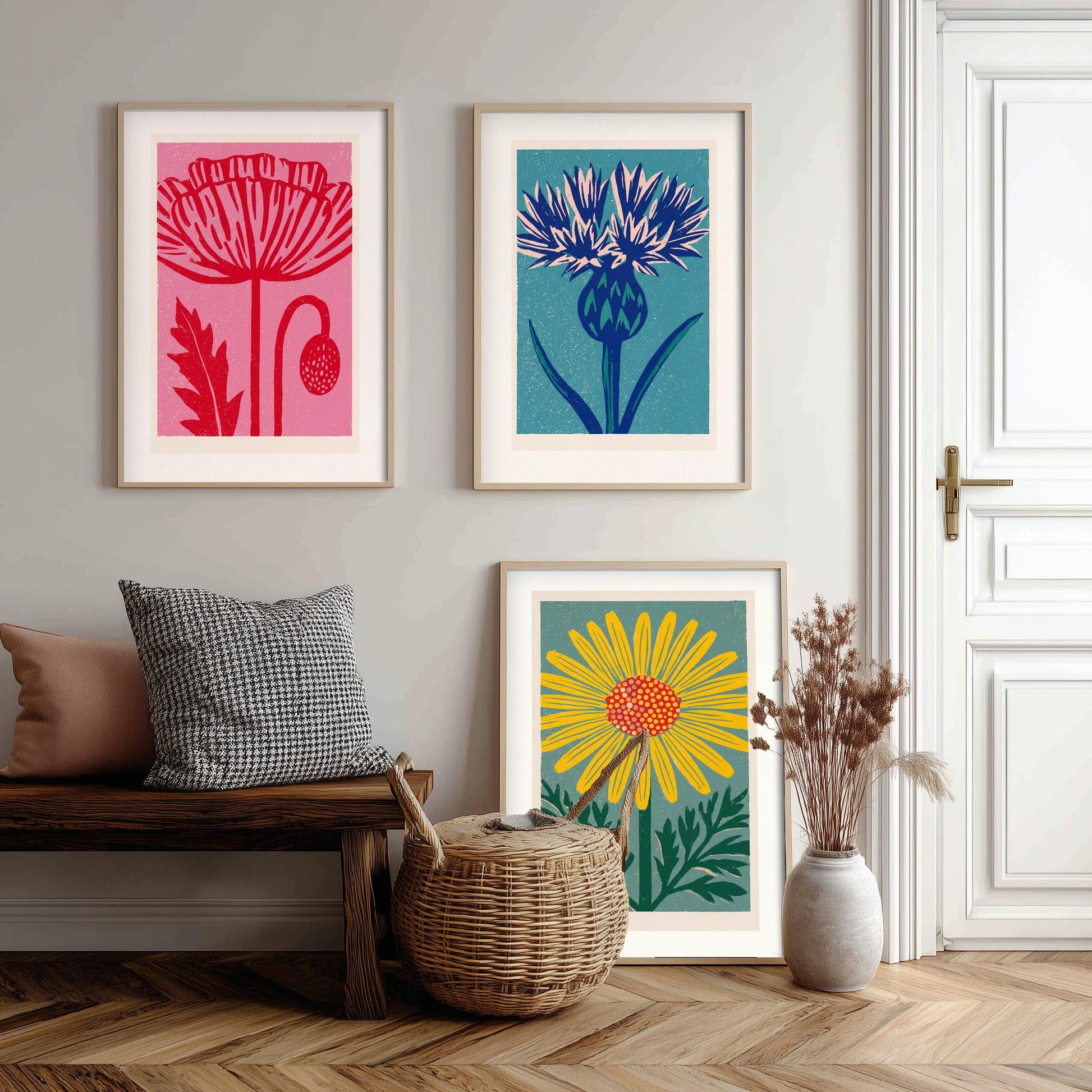 Poppy Thistle Daisy Set of Three Art Prints - Bold Linocut Wildflower Trio - 3 Colourful Meadow Illustrations - Flower Market Poster