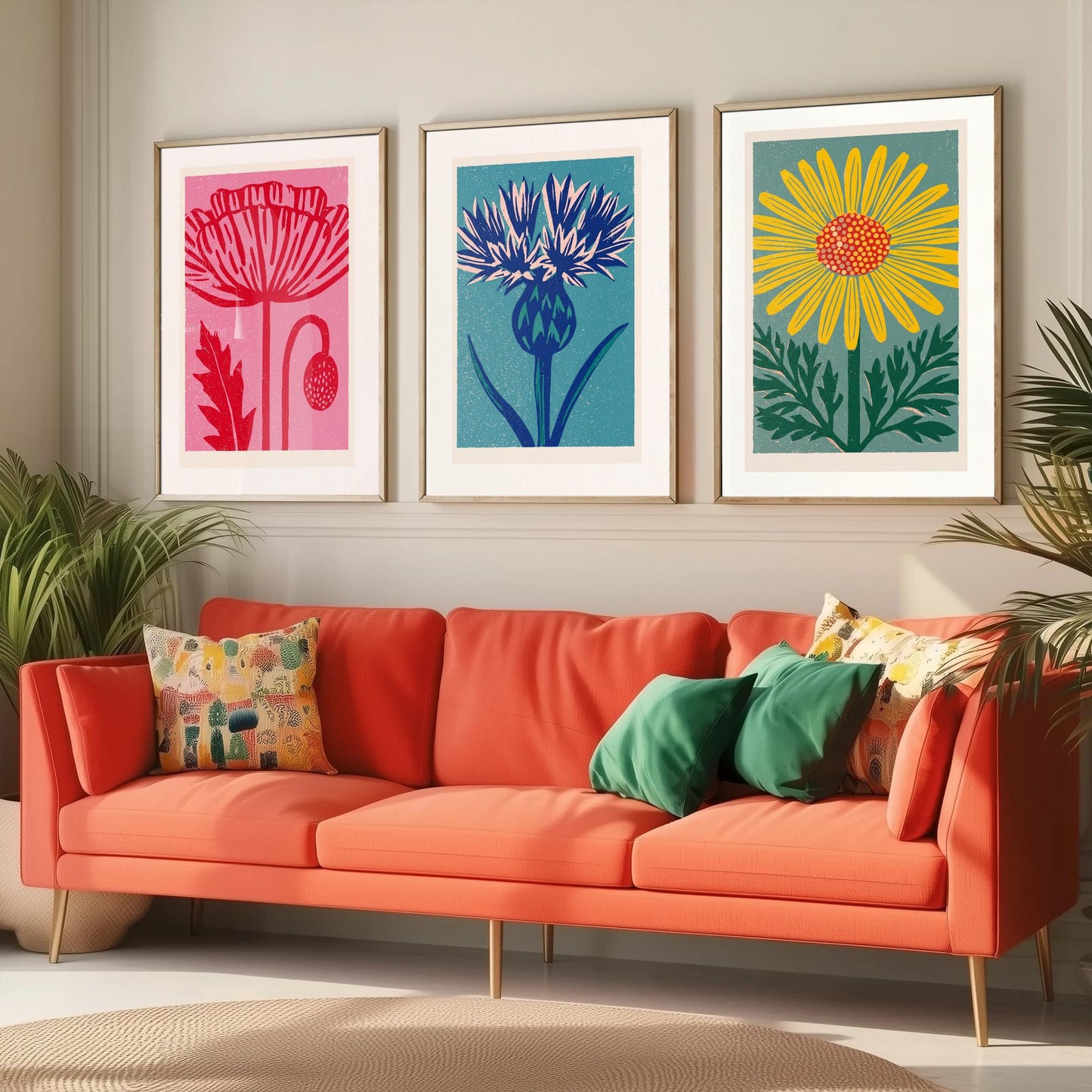 Poppy Thistle Daisy Set of Three Art Prints - Bold Linocut Wildflower Trio - 3 Colourful Meadow Illustrations - Flower Market Poster