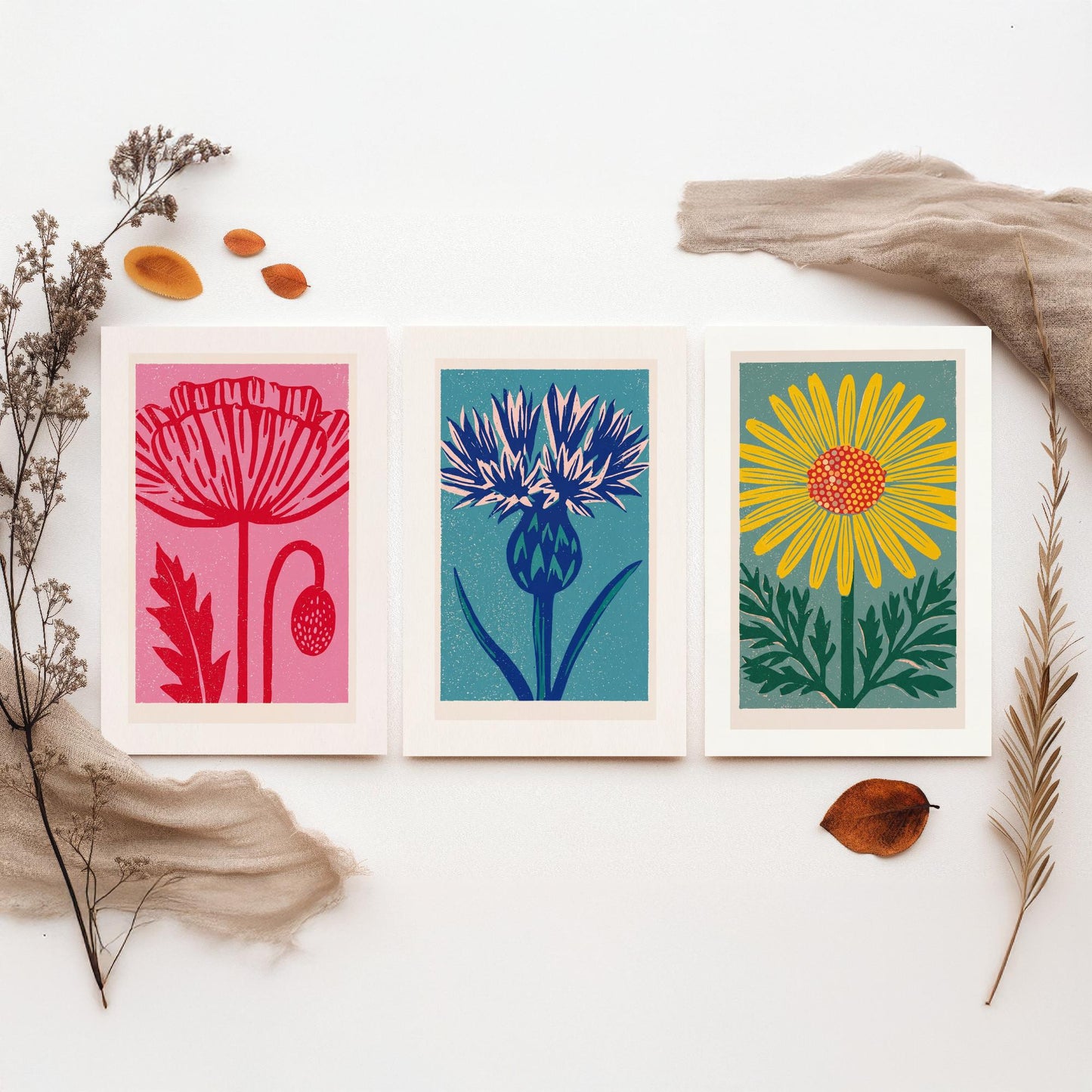 Poppy Thistle Daisy Set of Three Art Prints - Bold Linocut Wildflower Trio - 3 Colourful Meadow Illustrations - Flower Market Poster