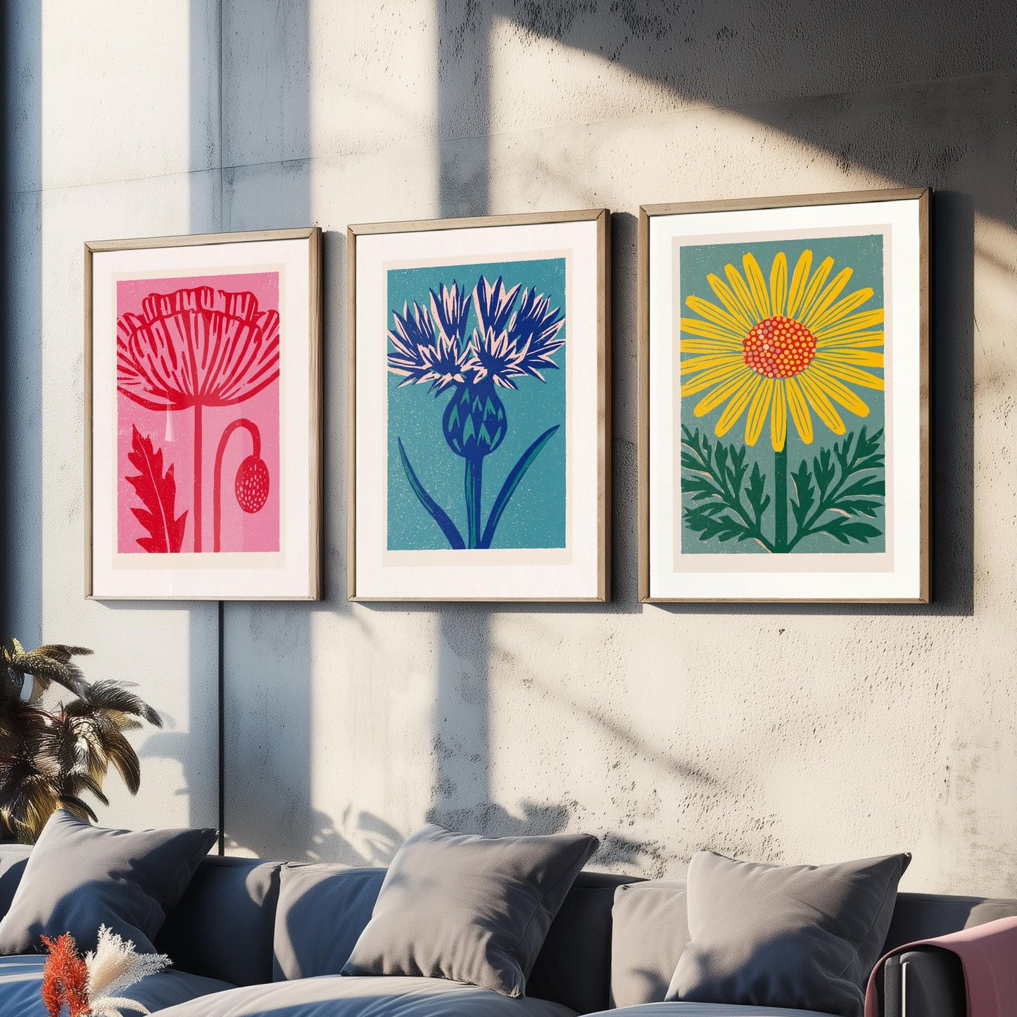 Poppy Thistle Daisy Set of Three Art Prints - Bold Linocut Wildflower Trio - 3 Colourful Meadow Illustrations - Flower Market Poster