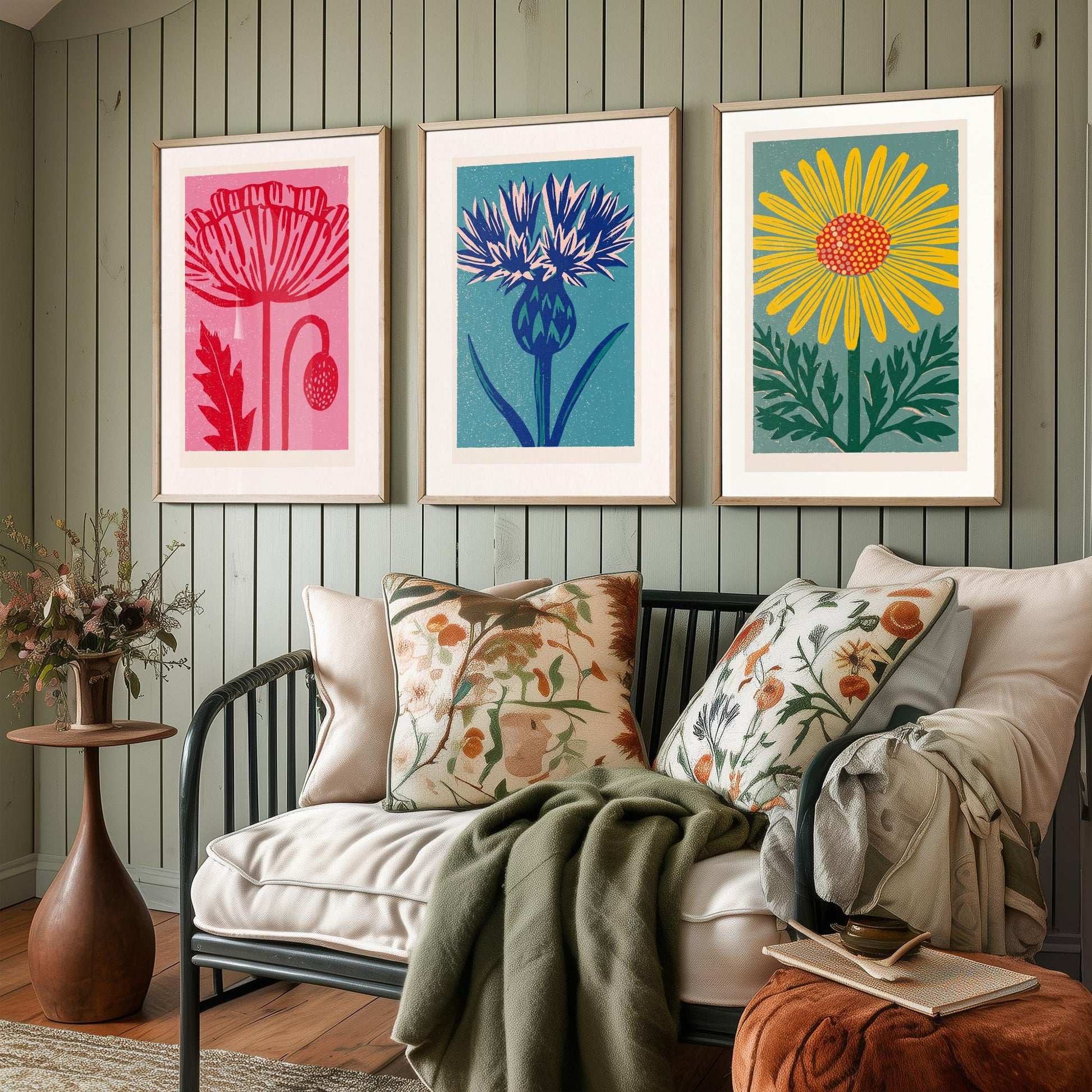 Poppy Thistle Daisy Set of Three Art Prints - Bold Linocut Wildflower Trio - 3 Colourful Meadow Illustrations - Flower Market Poster