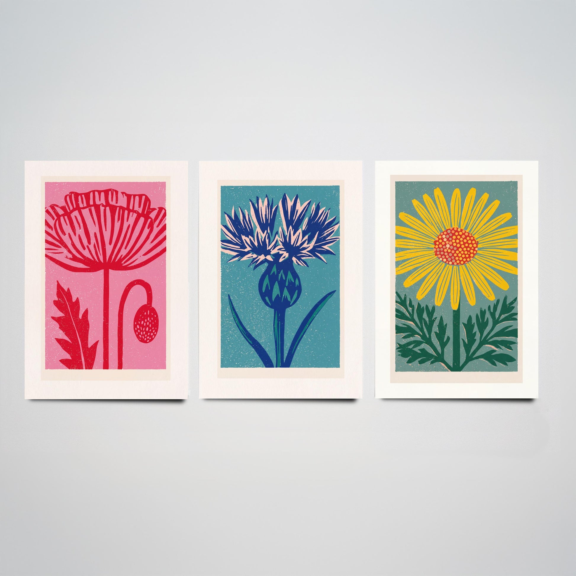 Poppy Thistle Daisy Set of Three Art Prints - Bold Linocut Wildflower Trio - 3 Colourful Meadow Illustrations - Flower Market Poster