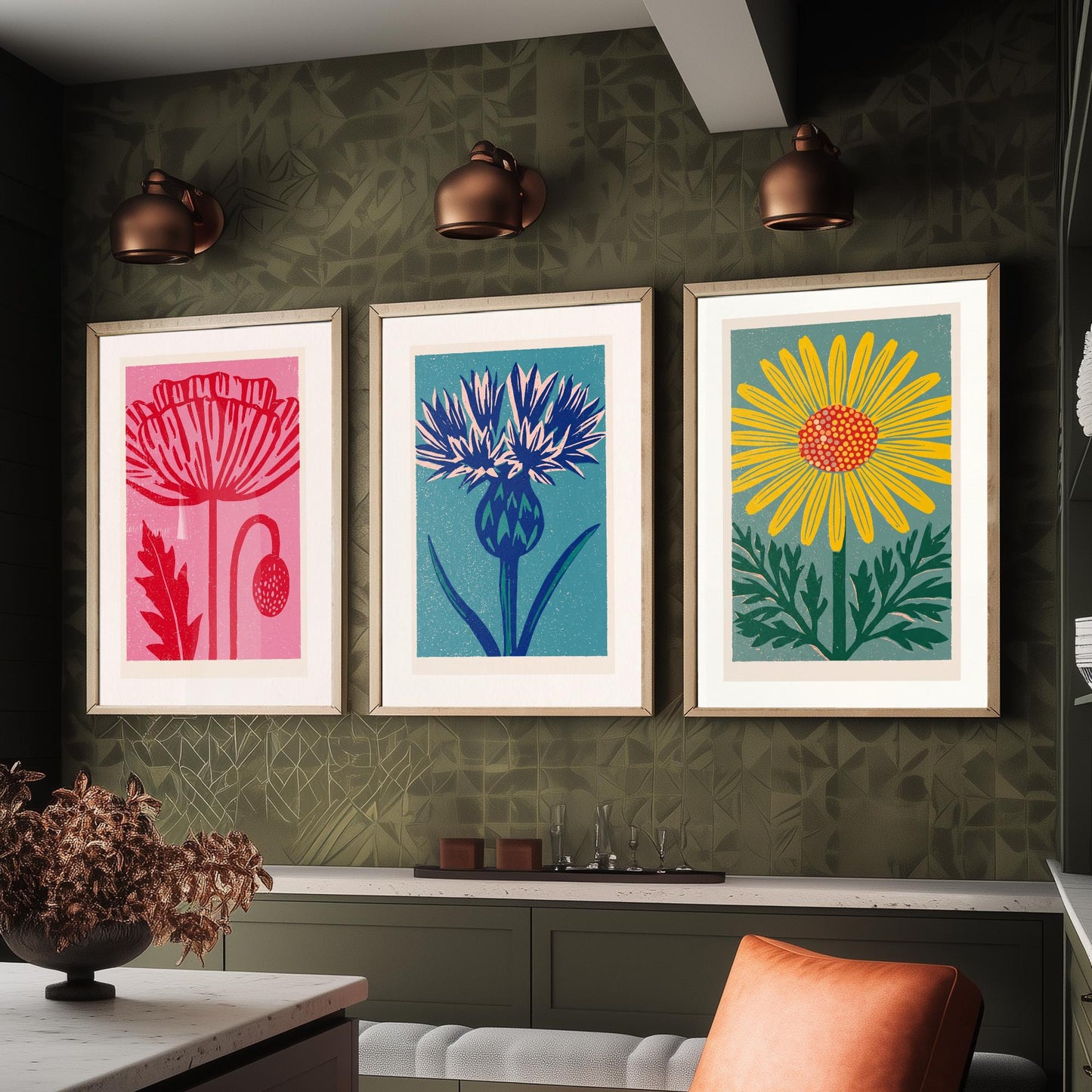 Poppy Thistle Daisy Set of Three Art Prints - Bold Linocut Wildflower Trio - 3 Colourful Meadow Illustrations - Flower Market Poster