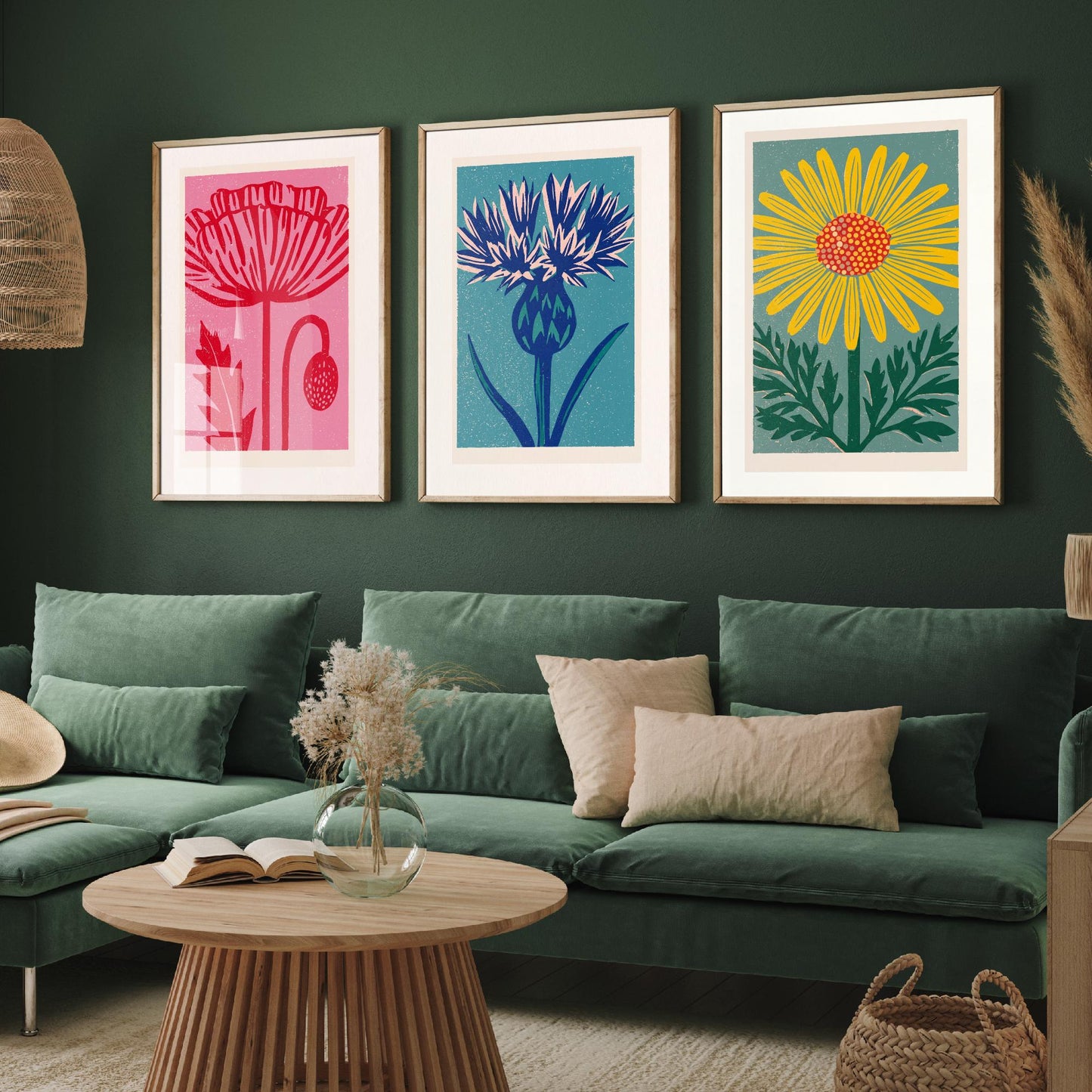 Poppy Thistle Daisy Set of Three Art Prints - Bold Linocut Wildflower Trio - 3 Colourful Meadow Illustrations - Flower Market Poster