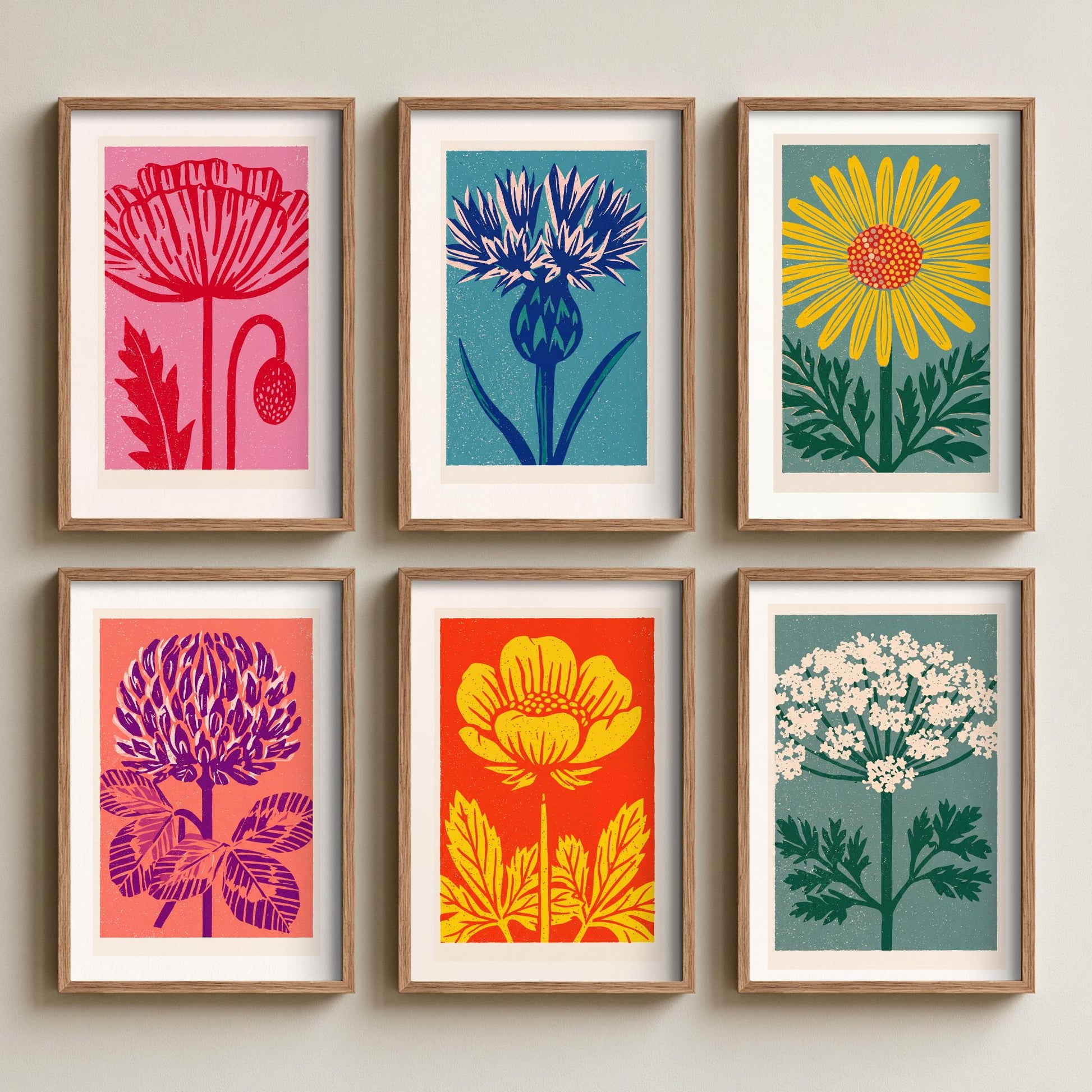 Set of Six Wildflower Linocut Art Prints - 6 Bold Illustrations - Poppy, Thistle, Daisy, Clover, Buttercup, Cow Parsley - Poster