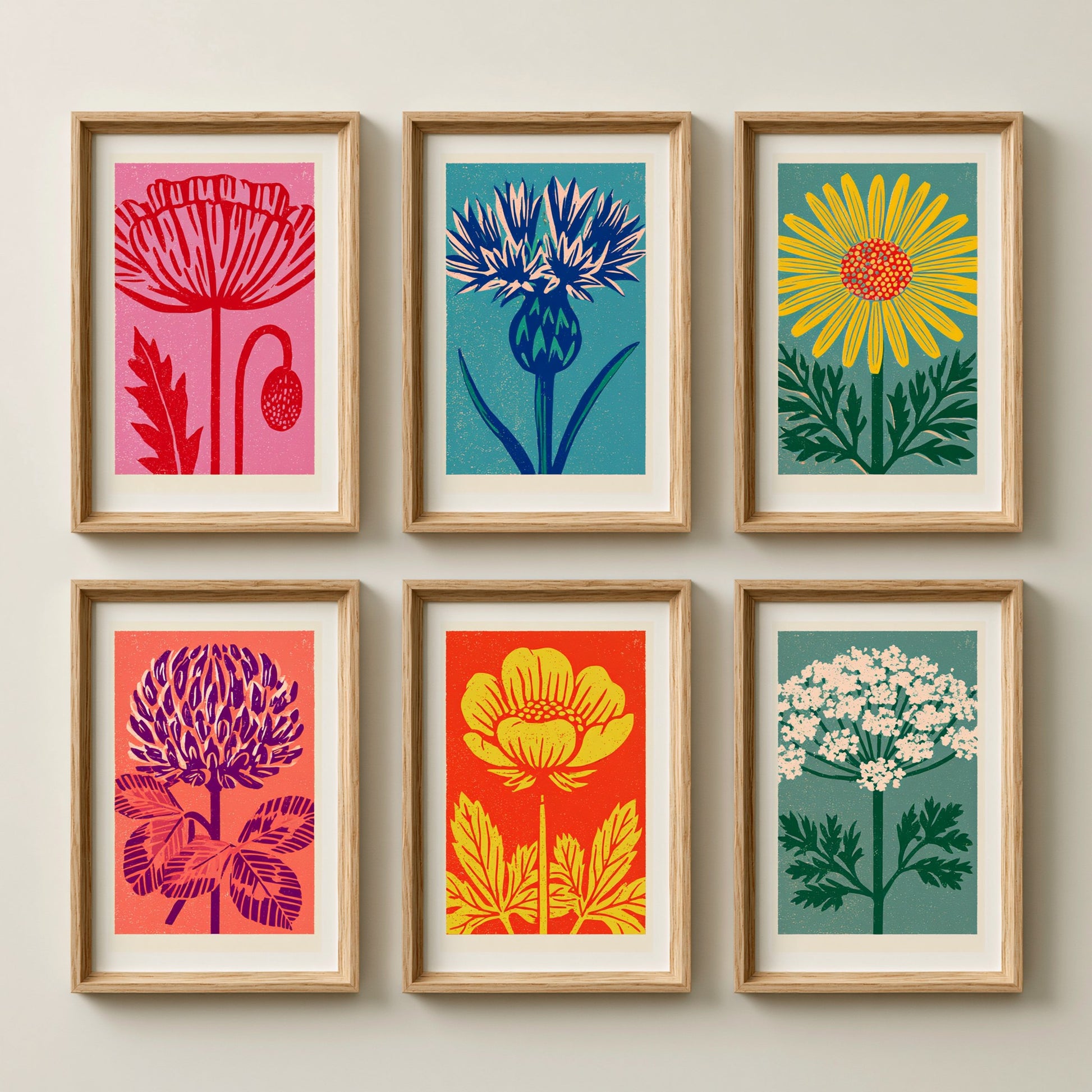 Set of Six Wildflower Linocut Art Prints - 6 Bold Illustrations - Poppy, Thistle, Daisy, Clover, Buttercup, Cow Parsley - Poster