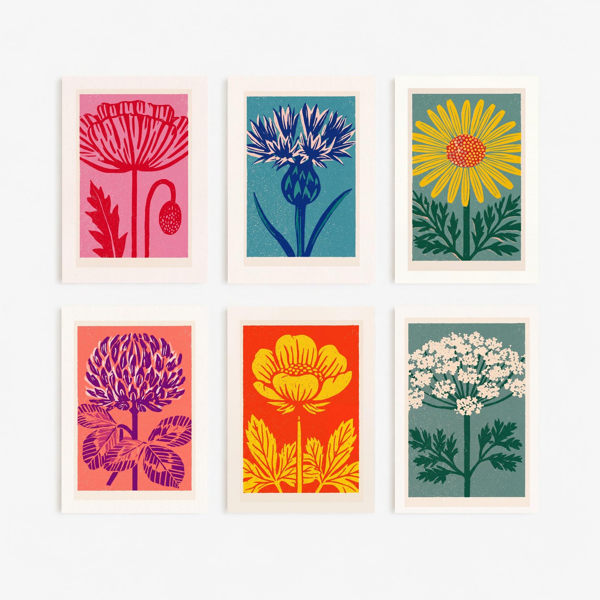 Set of Six Wildflower Linocut Art Prints - 6 Bold Illustrations - Poppy, Thistle, Daisy, Clover, Buttercup, Cow Parsley - Poster
