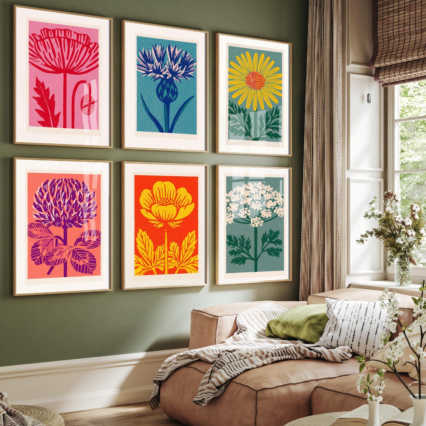 Set of Six Wildflower Linocut Art Prints - 6 Bold Illustrations - Poppy, Thistle, Daisy, Clover, Buttercup, Cow Parsley - Poster